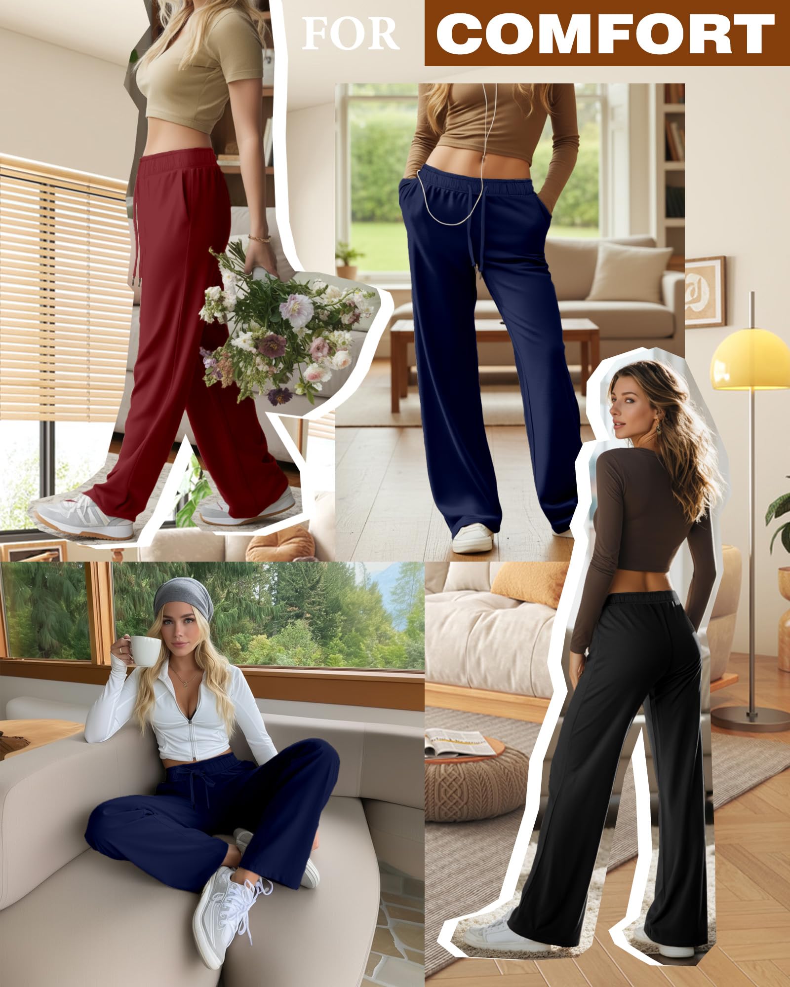 3 Pack Womens Lounge Pants Wide Leg Drawstring Casual Palazzo Trousers High Waisted Yoga Sweatpants with Pockets