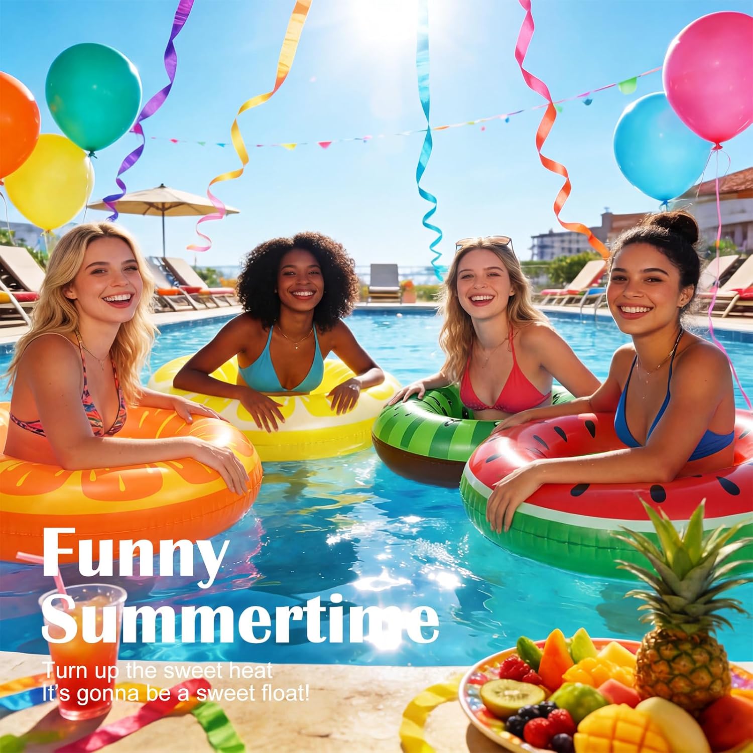 ShinyRelief 4 Pcs Adult Inflatable Pool Rings 36/45in Inflatable Tubes Fruit Donut Striped Swimming Jumbo Float Tube Rings for Women Summer Pool Beach Hawaiian Luau Party