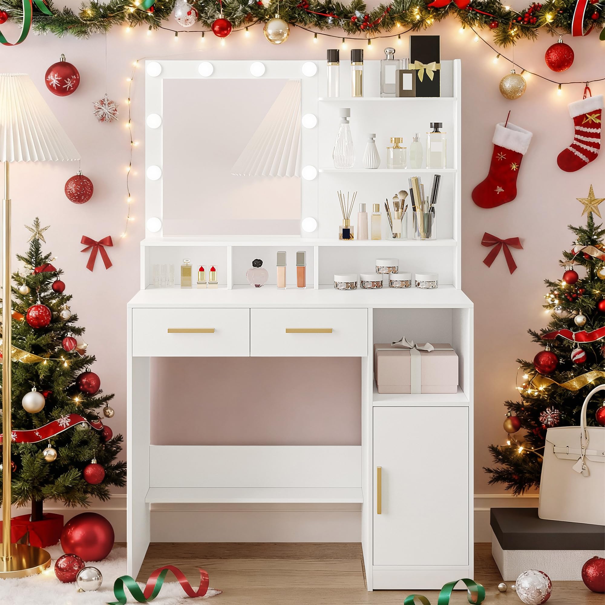 Hzuaneri Schminktisch mit Spiegel und 10 LED-Beleuchtung, Schminktische mit Einstellbare Helligkeit,Schminktisch mit 2 Schublade & 1 Schrank, 3 Ablagen & 4 offenen Fächern, Weiß DT32503X