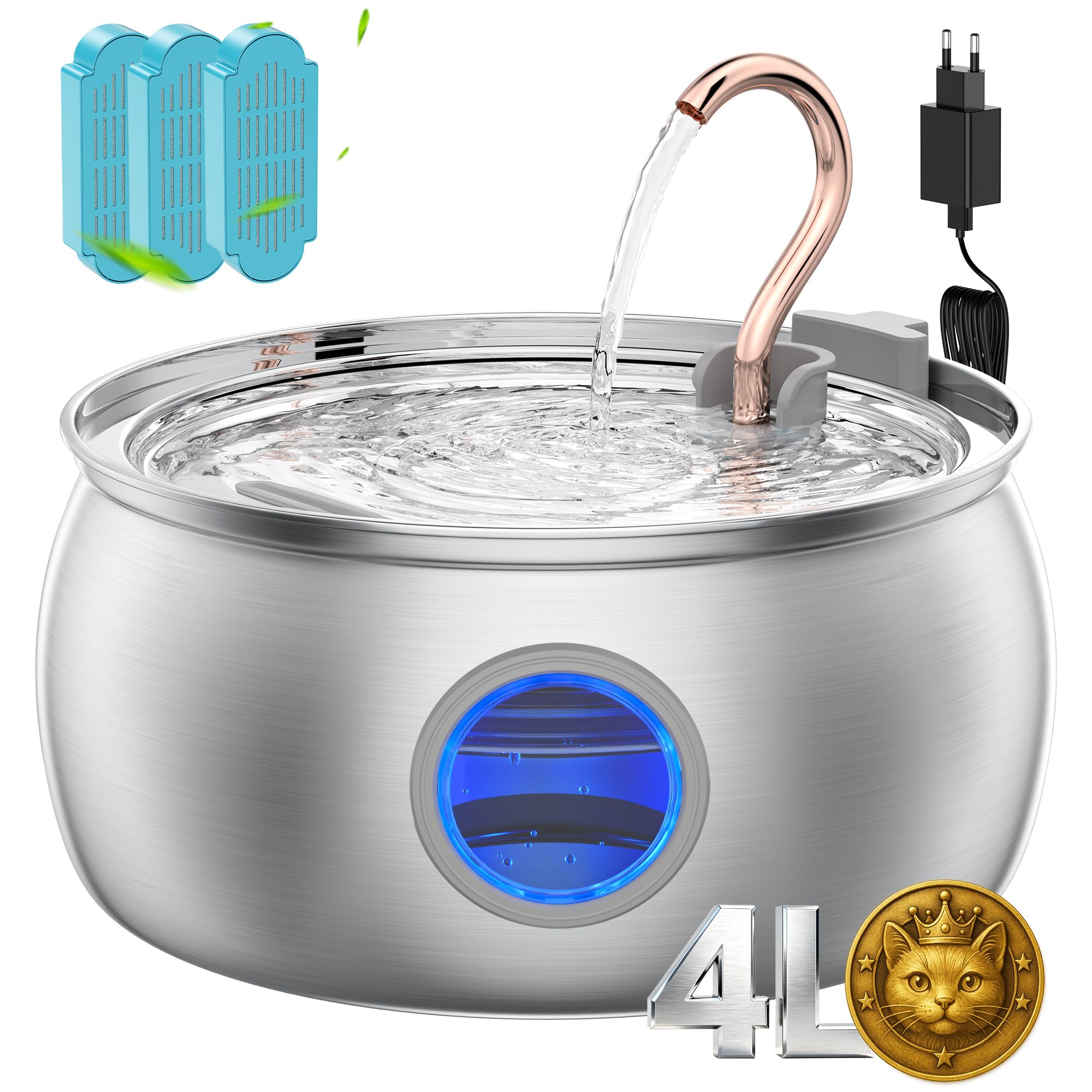 Tomxcute Fontana per gatti in acciaio inox, 4,0 l, design a collo di cigno, fontana per gatti e interni, con 3 filtri di ricambio