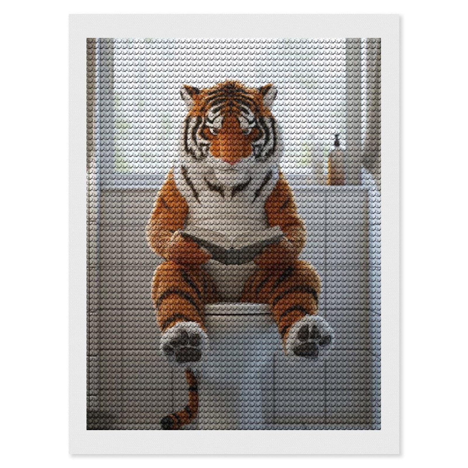 Junmoney Tiger Reading on A Toilet DIY Diamond Art Canvas Kit 12"x16", Adhesive Canvas, Easy to Enjoy, Farmhouse Decor, Festive Craft Gift