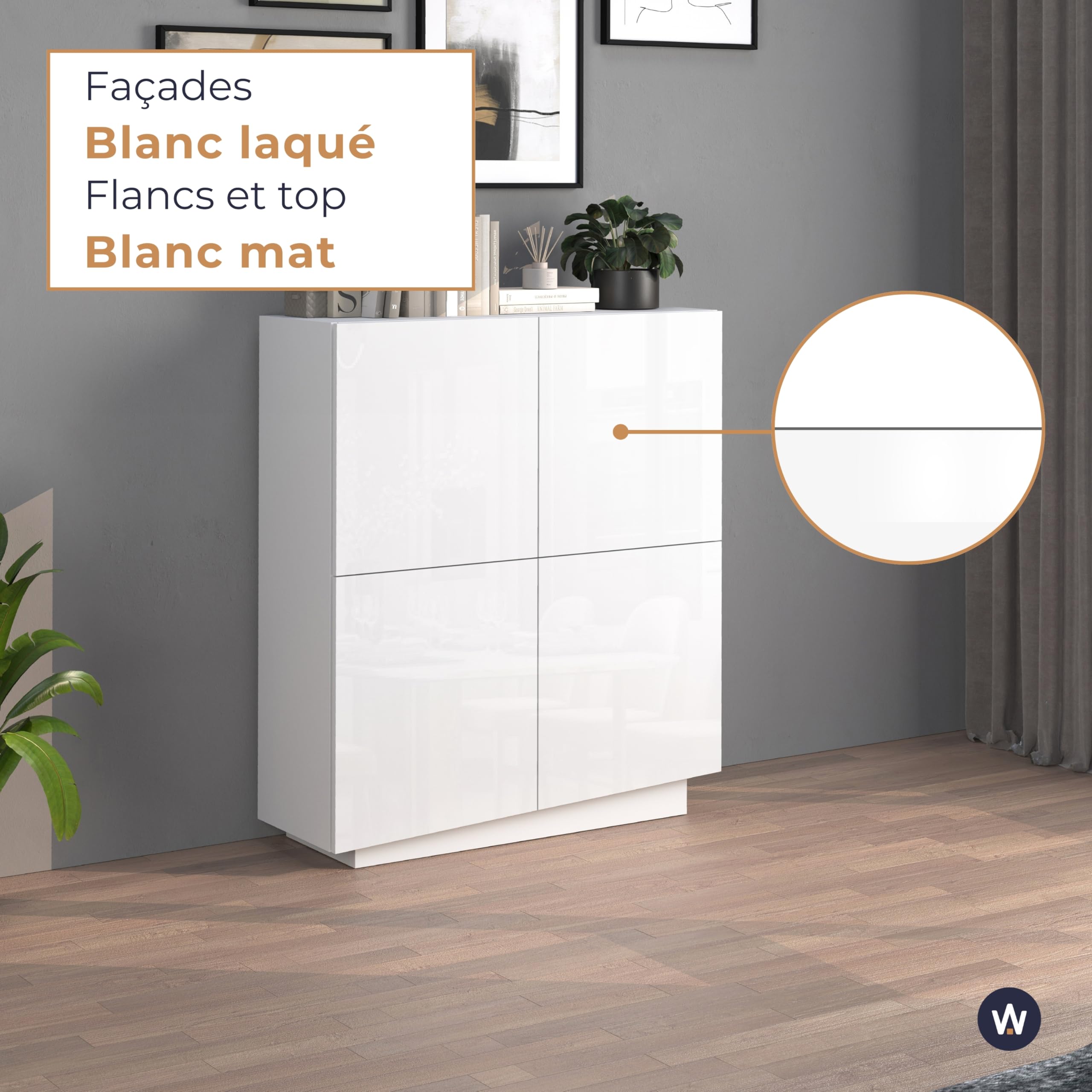 WHOUS Buffet Vela pour Salon avec 4 Portes et 8 Compartiments, bahut pour Salon, Cuisine et Salle à Manger, 100 x 35 x 120,4 cm, Couleur Blanc Brillant