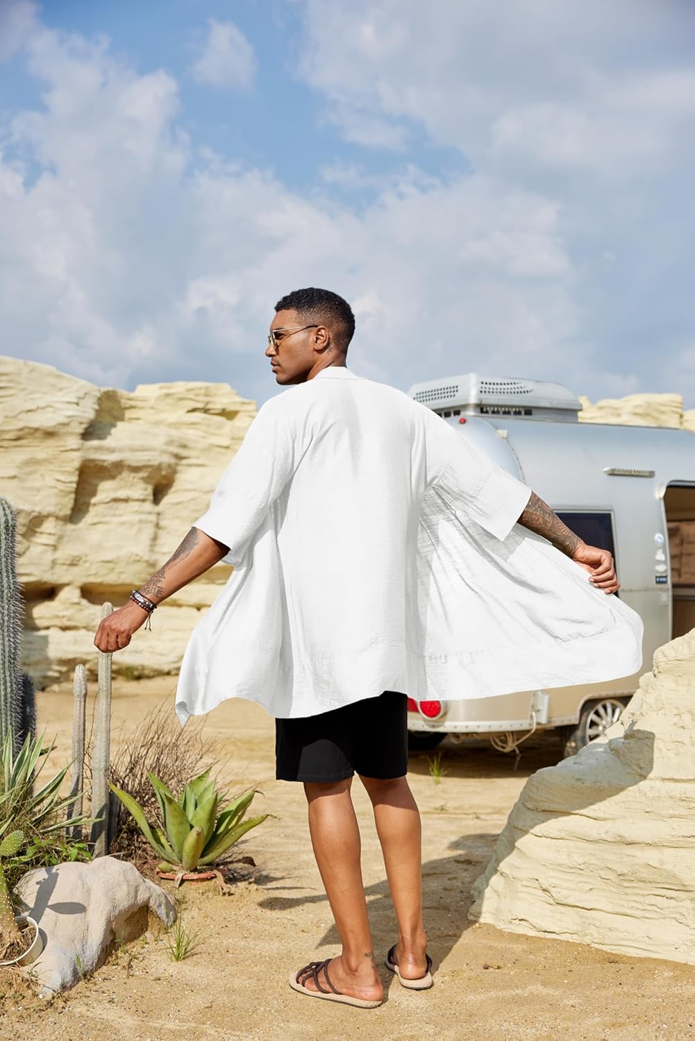 COOFANDY Men's Ruffle Shawl Collar Lightweight Cardigan Long Kimono Jackets Open Front Drape Cape Coat - Image 6