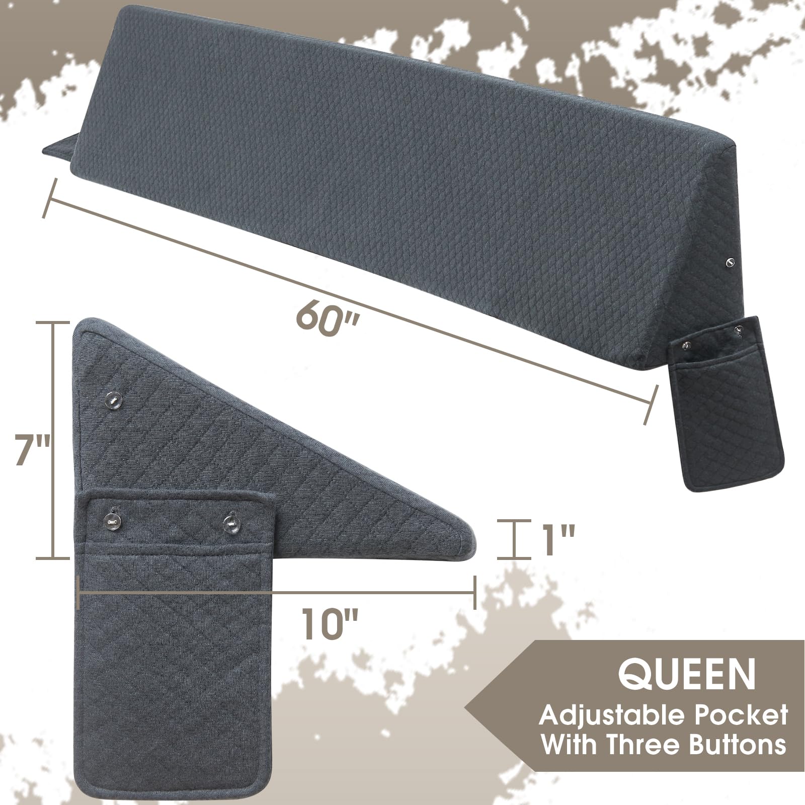RUJIPO Queen Size (60"x10"x6") Bed Wedge Pillow for Headboard, Bed Gap Filler, Noodle Mattress Wedge Pillow Triangle Bloster for Sleeping to Fill The Gap (0-8") Between Headboard and Mattress, Grey