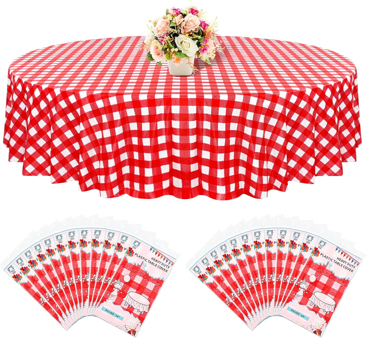 LOKUME 24 Pack Round Tablecloth, 84inch Red and White Checkered Tablecloth