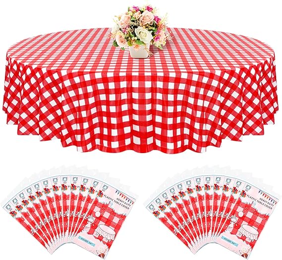 LOKUME 24 Pack Round Tablecloth, 84inch Red and White Checkered Tablecloth Disposable Round