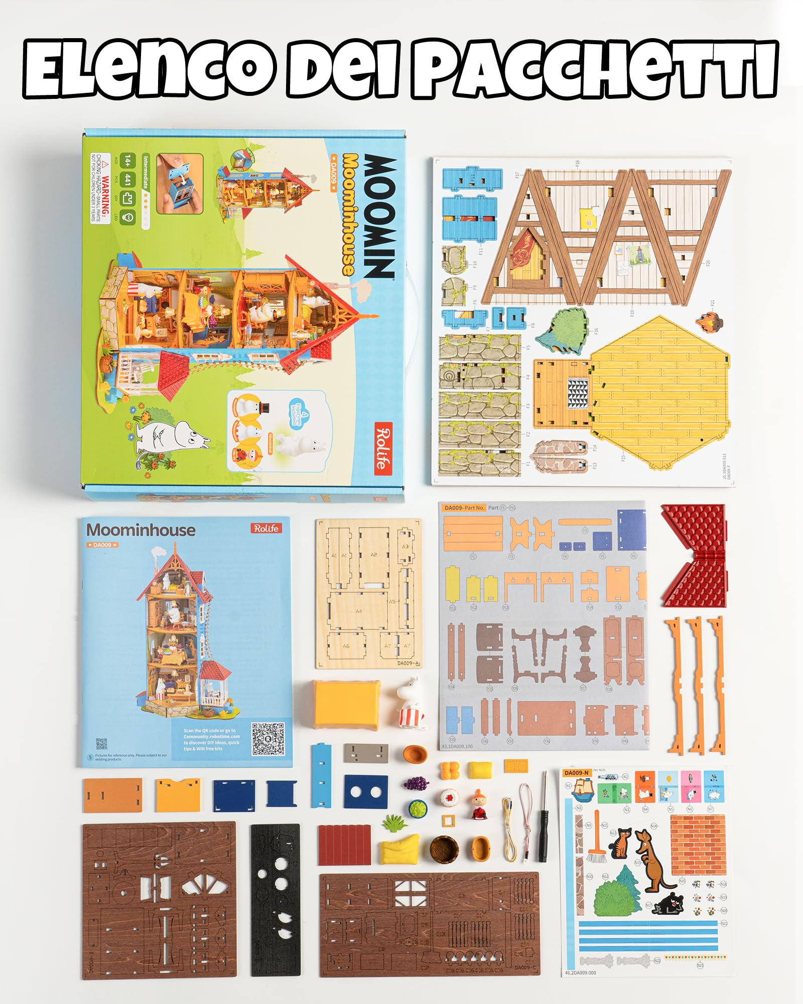 Rolife DIY Miniatura Casa delle Bambole Moominhouse 441 Pezzi | Puzzle 3D Legno Ufficiale Moomin, Casa Moomin a 4 Livelli con LED e 4 Statuine, Kit Fai da Te senza Colla, Regalo Adulti