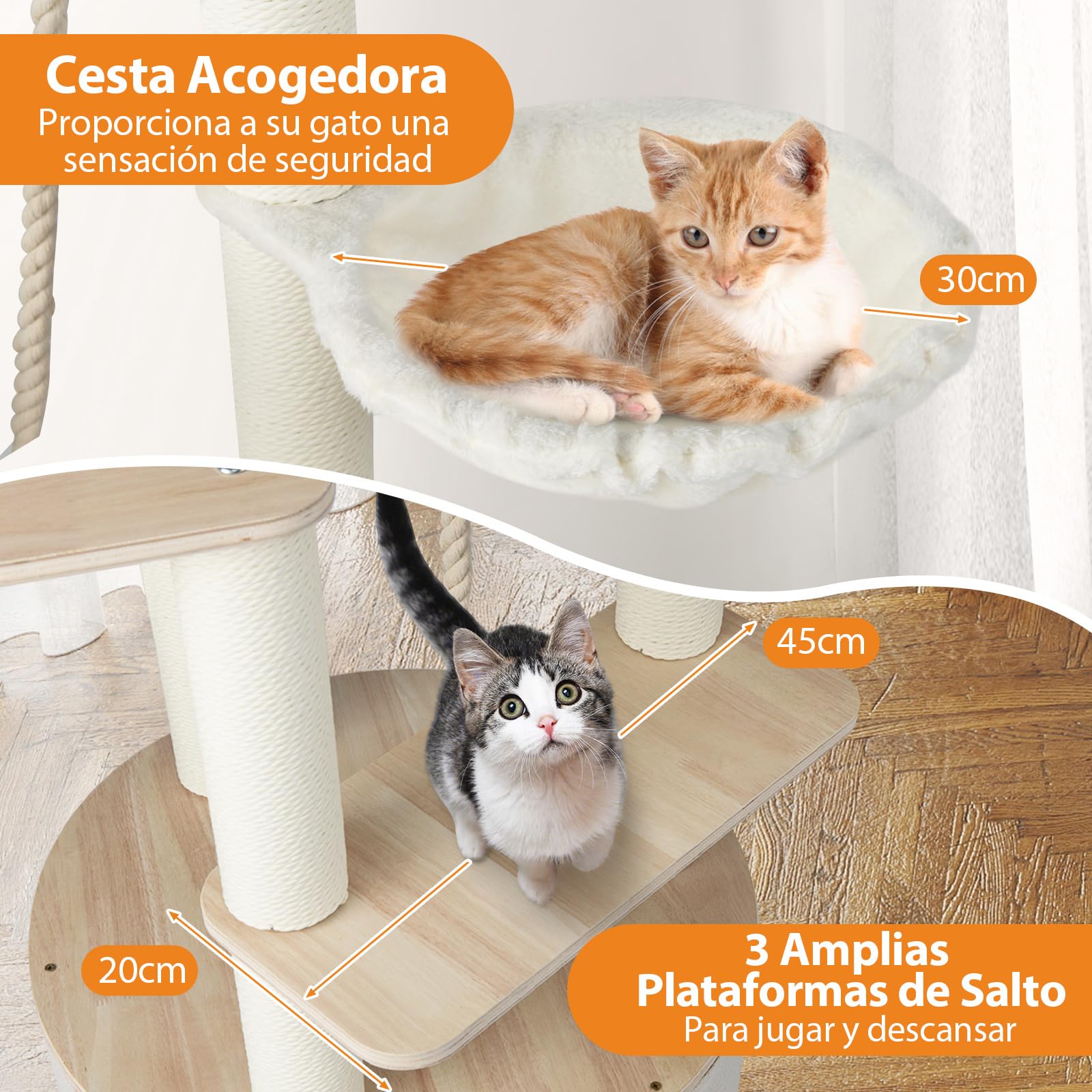 COSTWAY 141 cm Árbol Rascador para Gatos de Madera, Torre para Gatitos Multinivel con Condo, Cama Curvada, Hamaca, Postes Rascadores, Bola Colgante y Cuerda, Cojines Lavables, Castillo Gatos Interior
