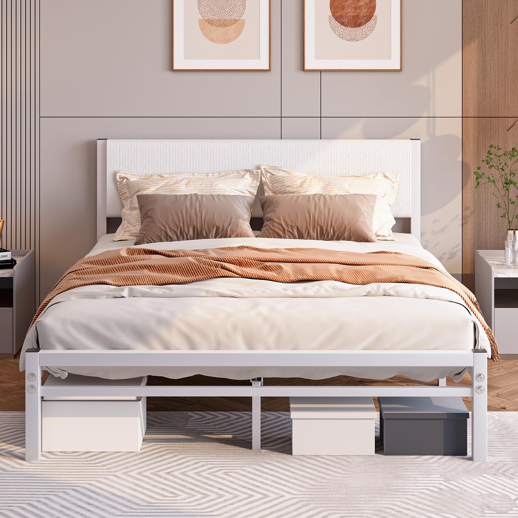 JUISSANO Bett 140x200 mit Lattenrost,Bettgestell Metallbett 140x200 cm mit Kopfteil,Bettrahmen aus Metall-27cm Hoch,Doppelbett Gästebett Jugendbett KeinBoxspringbett mit Stauraum,Weiß