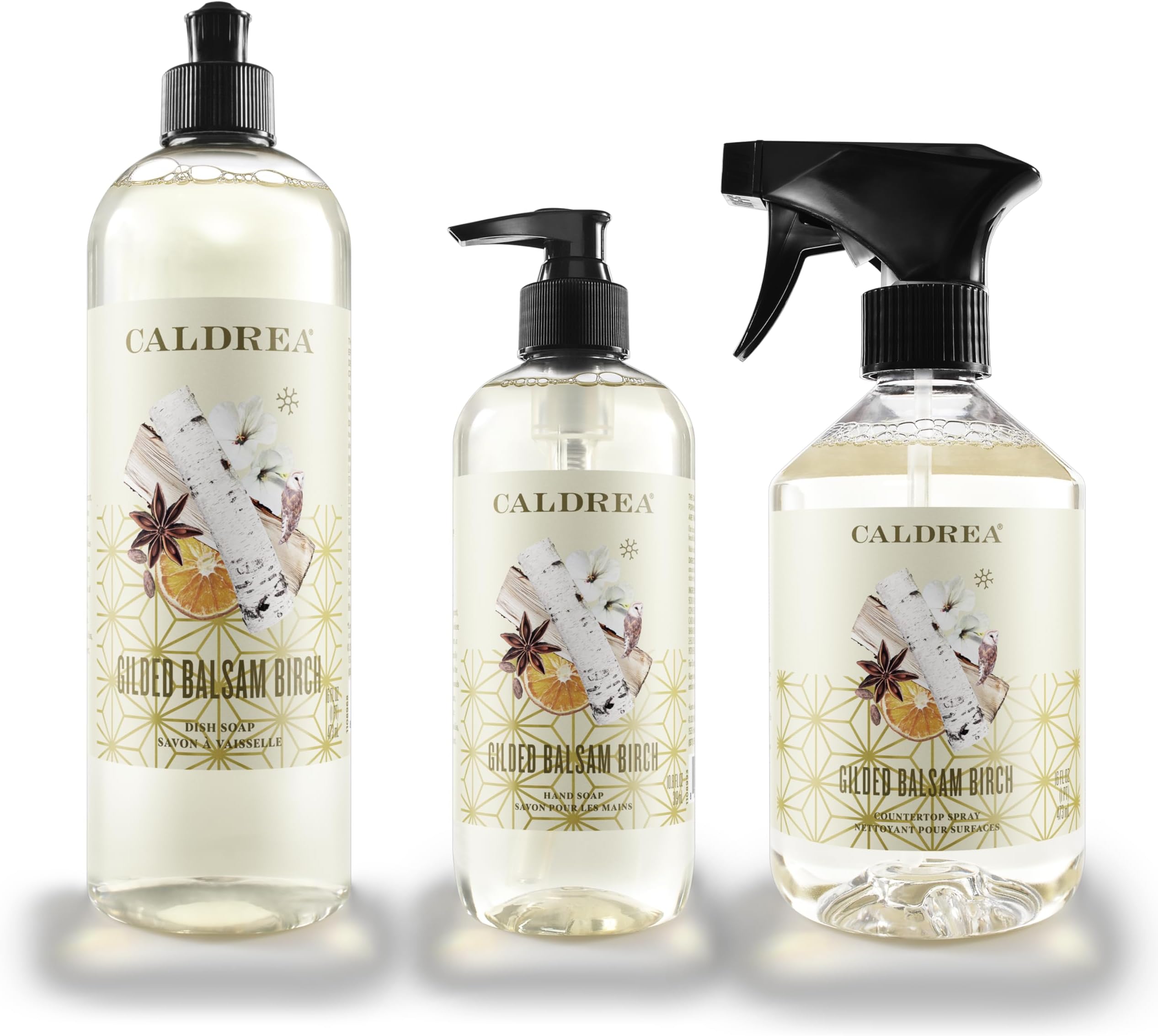 Caldrea, Gilded Balsam Birch, Scrub + Shine Set, Contains (1) Multi-Surface Countertop Spray Cleaner, (1) Liquid Dish Soap, (1) Liquid Hand Wash Soap