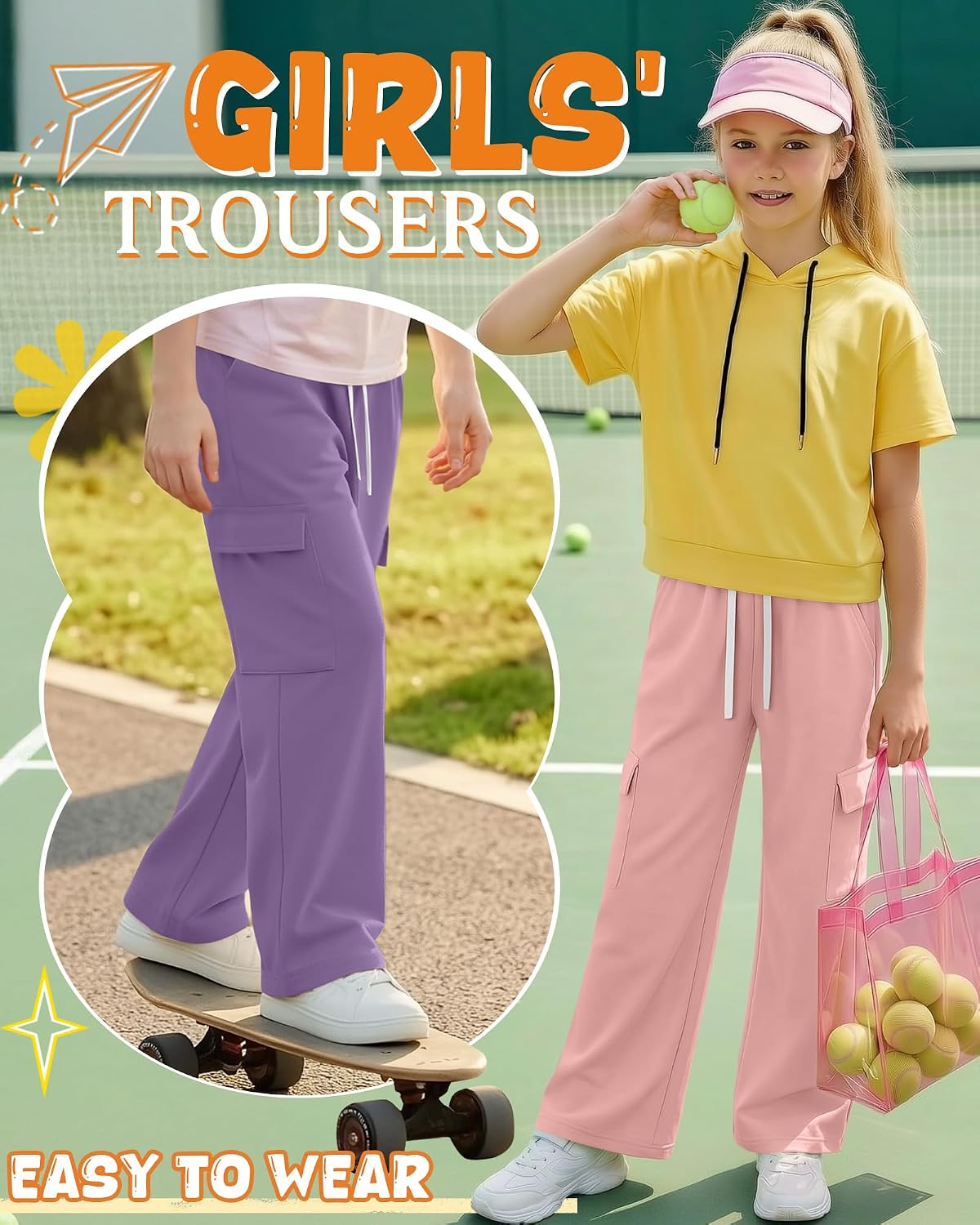 3 Pack Girls' Wide Leg Sweatpants Teen Baggy Cargo Pants Kids Drawstring Elastic Waistband Joggers with Pockets