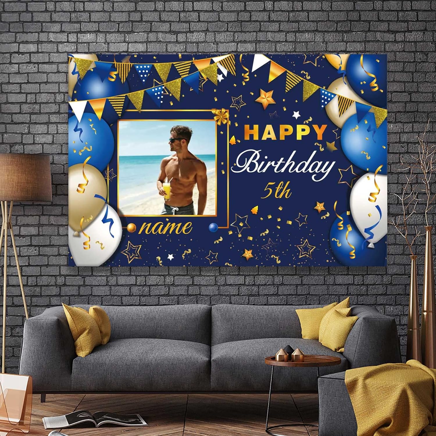 Custom Navy Blue and Gold Happy Birthday Sign Birthday Party Decorations Supplies Personalized Navy Blue Backdrop Banner (6x9ft)