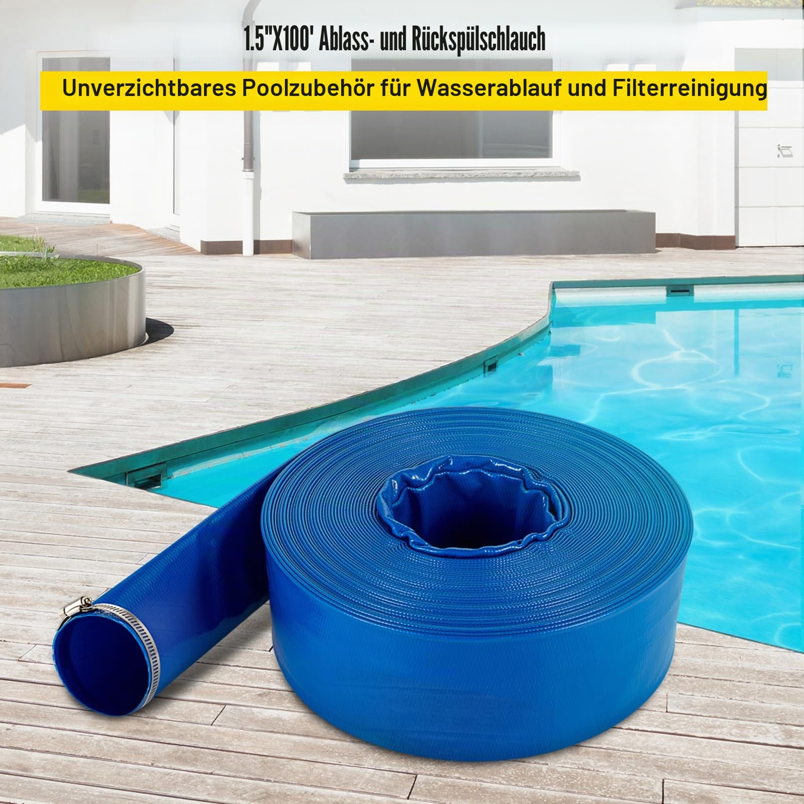 VEVOR Abflussschlauch, 1-1/2" x 105', PVC-Gewebe-Flachschlauch, robuster Rückspül-Ablaufschlauch mit Klemmen, wetterfest und platzsicher, ideal für Schwimmbad und Wassertransfer, blau