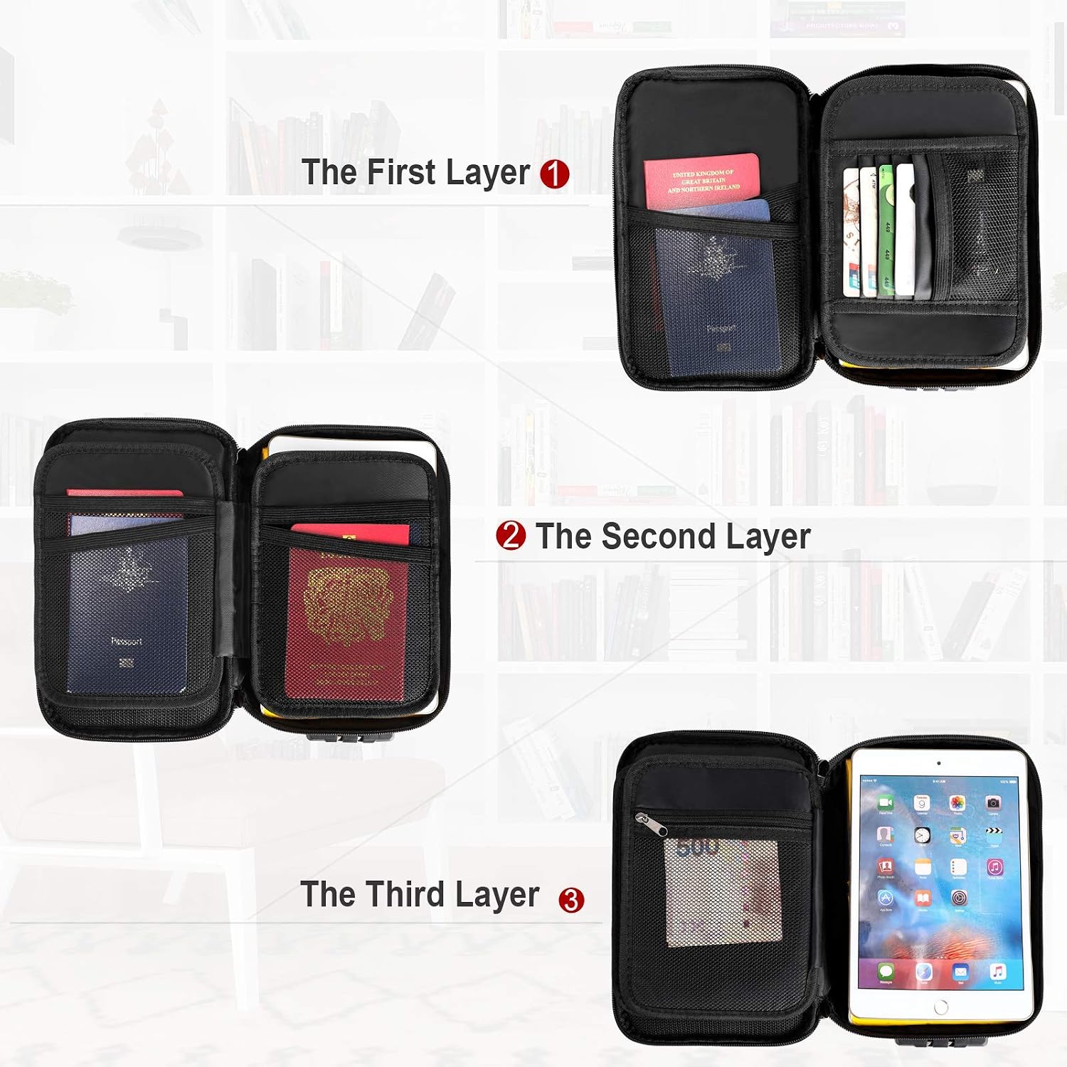 ENGPOW Small Fireproof Storage Organizer Case with Lock, 9”x 5.3”x 3.7” | Money Safe Wallet Carrying Bag with Multi-Pocket, Portable Home Travel for Cash,Card,Passport,Coin,Check,Bill,Soft Box,Black
