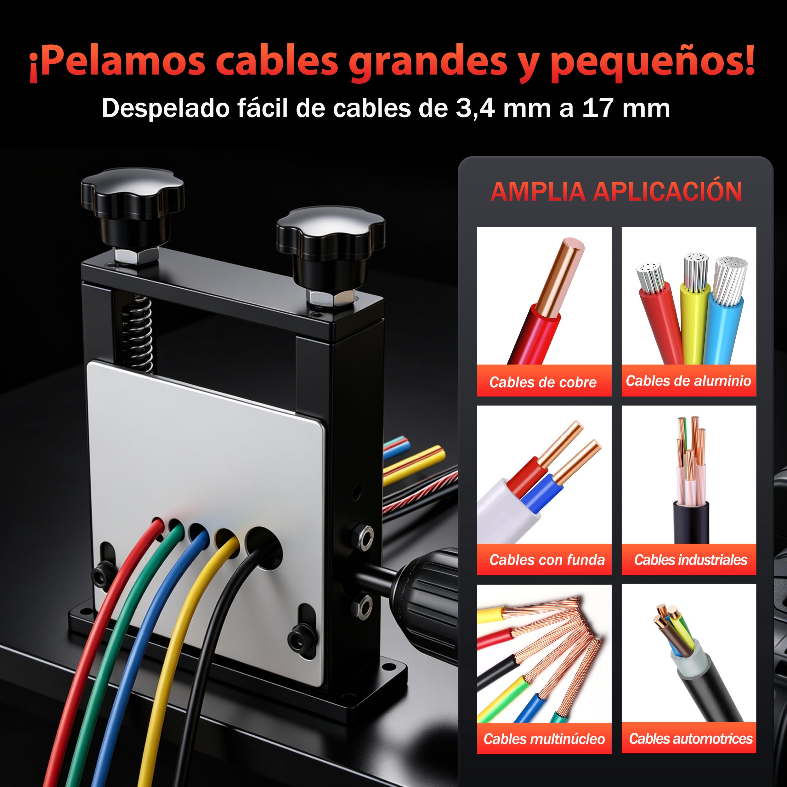 Maquina Pelacables Cobre Automático Manual 3–17 mm, Máquina Pelacables para Cobre con Manivela o Taladro, Pelacables para Reciclaje de Cables con 6 Canales y 5 Cuchillas (Negro)