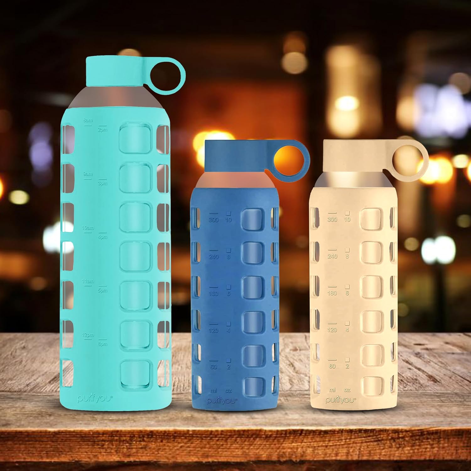 Purifyou Glass Water Bottle Bundle with Time & Volume Markings: This set features three reusable glass bottles in distinct colors: Aqua Blue (32oz), Chinese Porcelain (12oz), and Pearled Ivory (12oz).