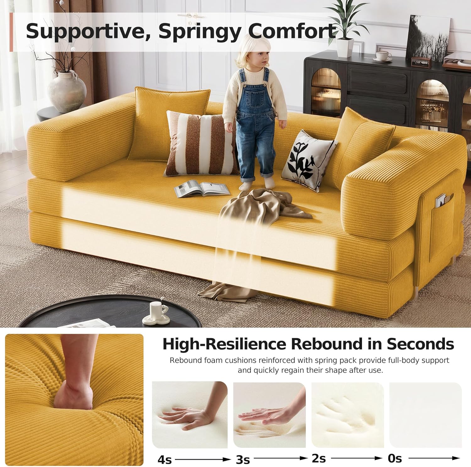 98.4'' Boneless Sleeper Sofa Bed,Convertible Futon Couch with Storage Pocket and 2 Pillows,Modular Corduroy Sofa for livingroom,Small speace,Yellow