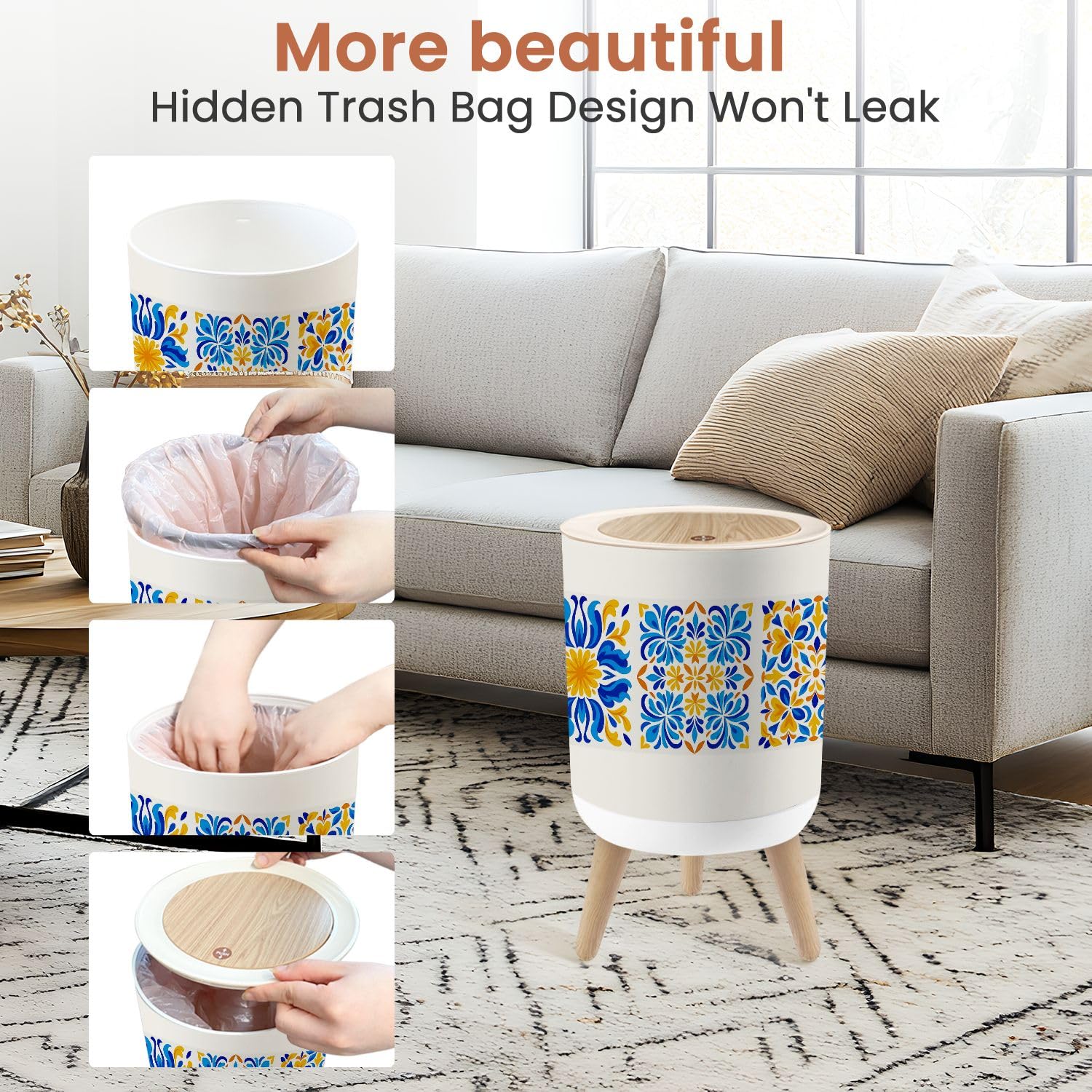 Bathroom Trash Can with Lid Italian Ceramic Tile Mediterranean Porcelain Pottery Ethnic Folk Garbage Bin Waste Basket for Kitchen Office Bedroom Decoration Diaper Pail 1.8 Gallon