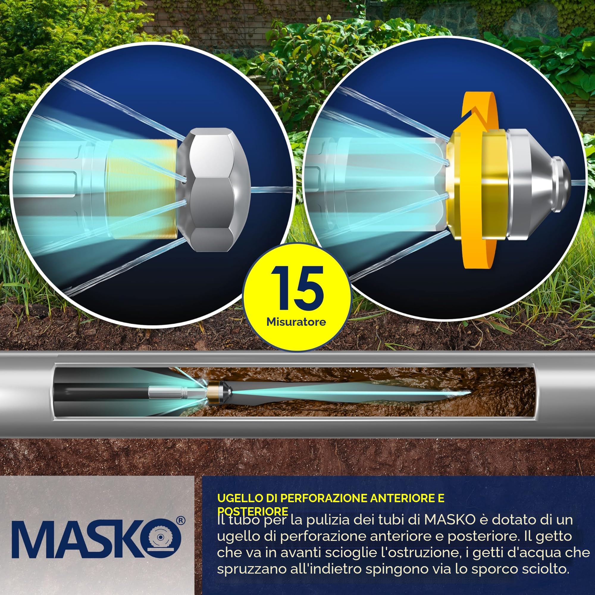 MASKO® Set di tubi flessibili per la pulizia dello scarico, 15 m, 200 bar, con custodia, 3 adattatori, 2 ugelli e rotanti, compatibile con idropulitrice Kärcher k2-k7 LAVOR