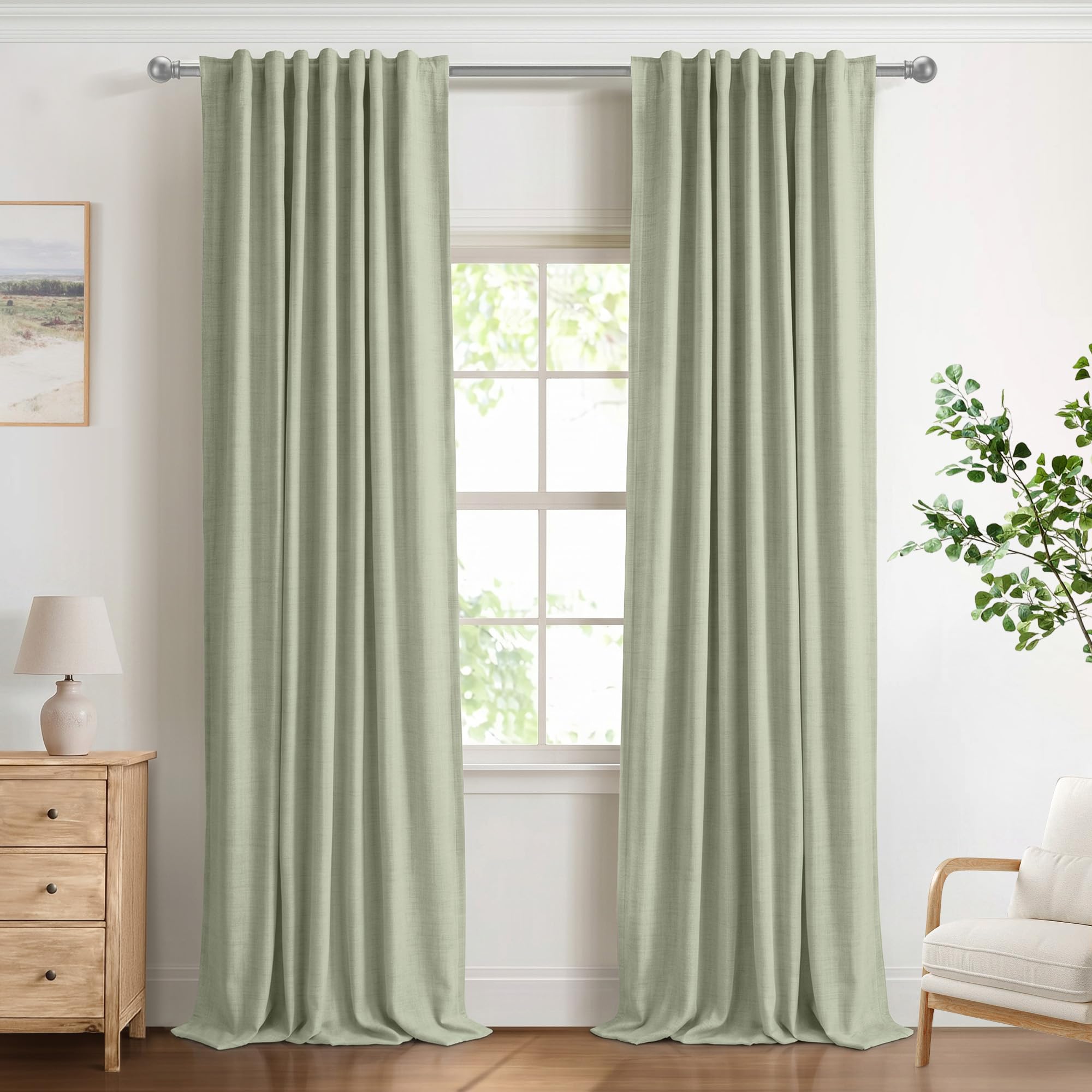 DEFYNEE 100% Blackout Curtains for Bedroom, 50 x 90 Inch Drop, Back Tab/Rod Pocket, Thermal Insulated Curtains with Coating Back Layers, for Room Darkening Privacy Protection, 2 Panels, SageGreen