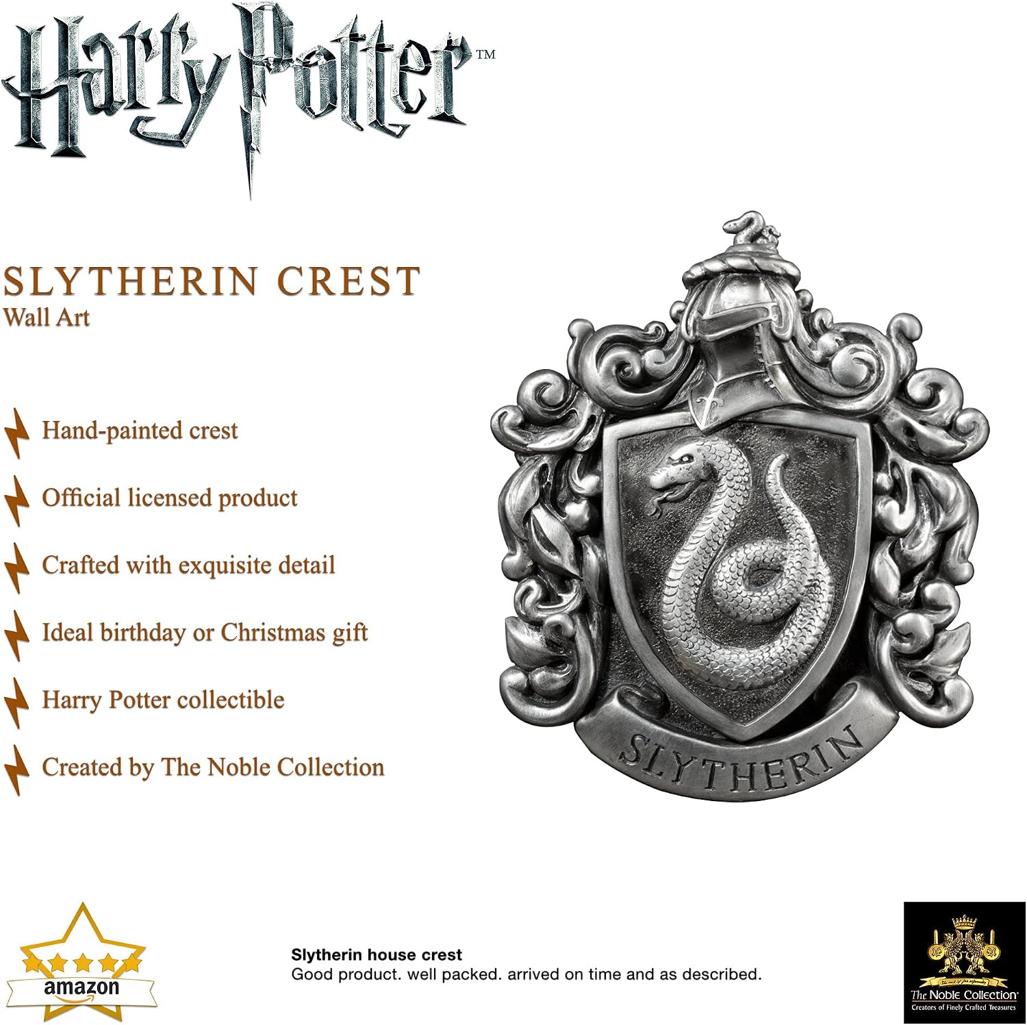 The Noble Collection Harry Potter Slytherin Crest Wall Art - 11in (28cm) Elegant Silver Resin Wall Plaque - Officially Licensed Film Set Movie Props Gifts