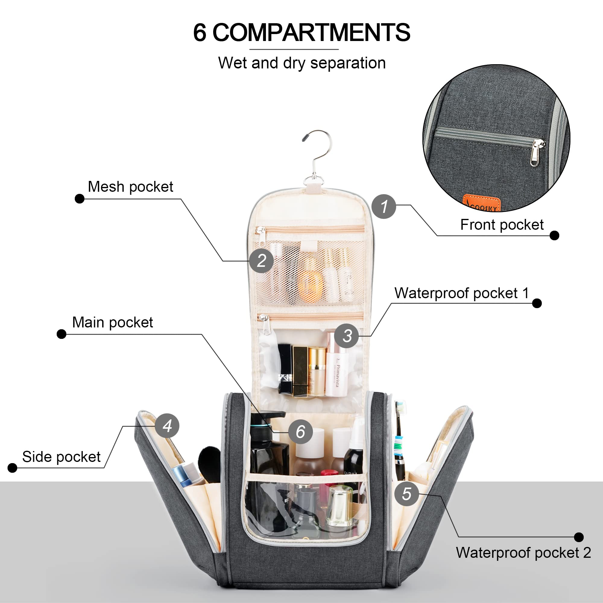 COOSKY Neceser de viaje extra grande para mujeres y hombres, bolsa de higiene, kit organizador de baño y ducha con soportes de banda elástica para artículos de tocador, cosméticos, maquillaje,