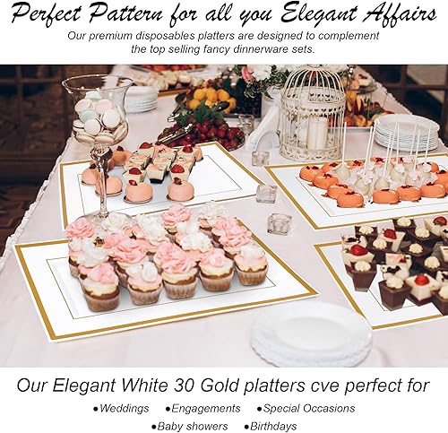 Miniatura 3 de Uiifan 30 bandejas de plástico para servir a granel, borde de oro blanco, elegante, rectangular, desechable, mesa de postre de plástico, bandejas