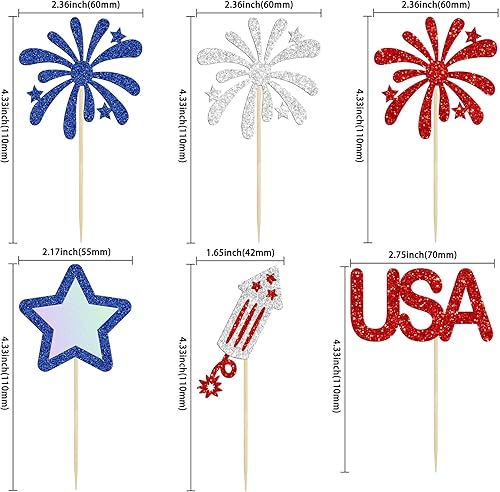 Miniatura 2 de 24 piezas de decoración patriótica para cupcakes del Día de la Independencia con fuegos artificiales, estrella de fuegos artificiales, decoración de