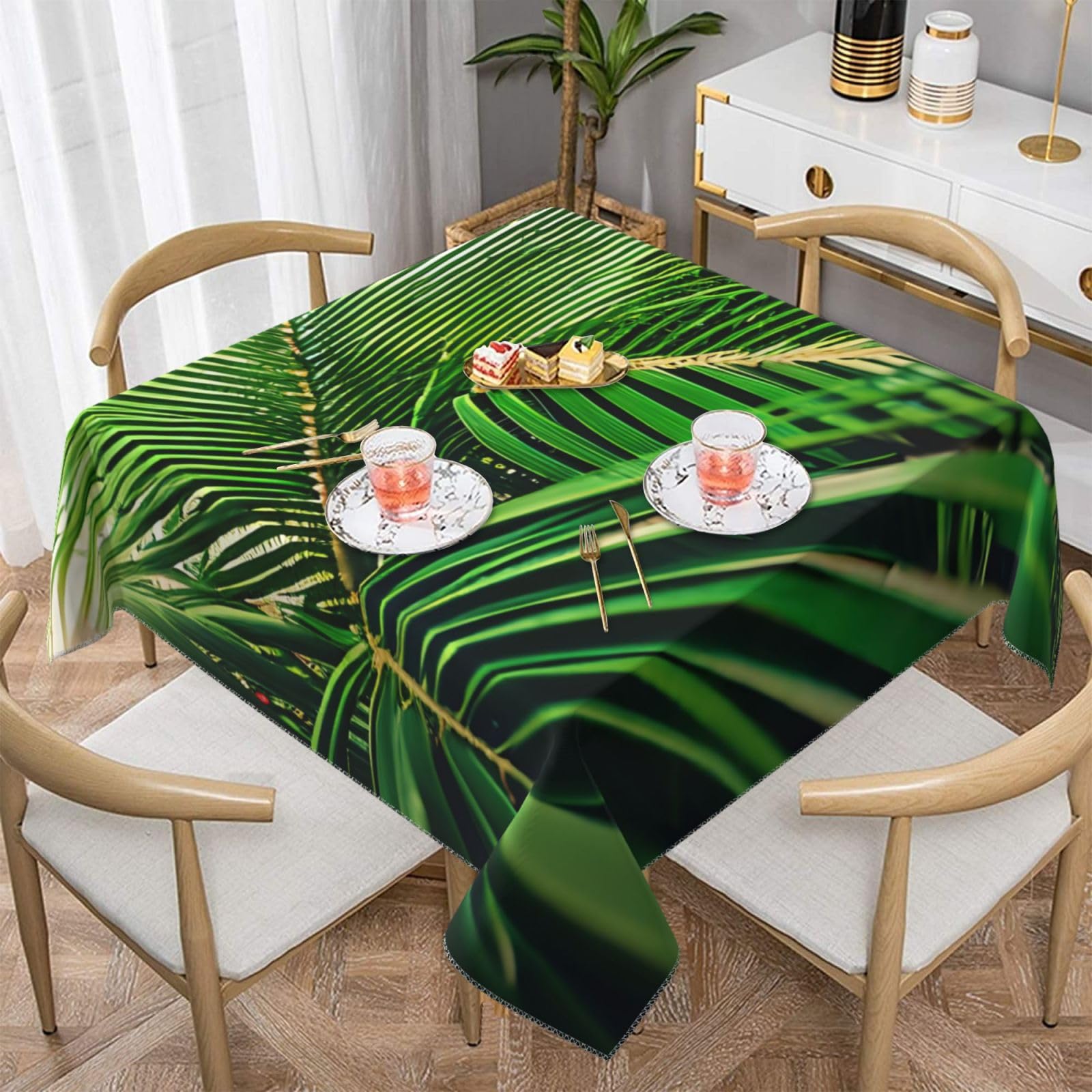 Nappe carrée infroissable toucher doux imprimé palmier pour repas