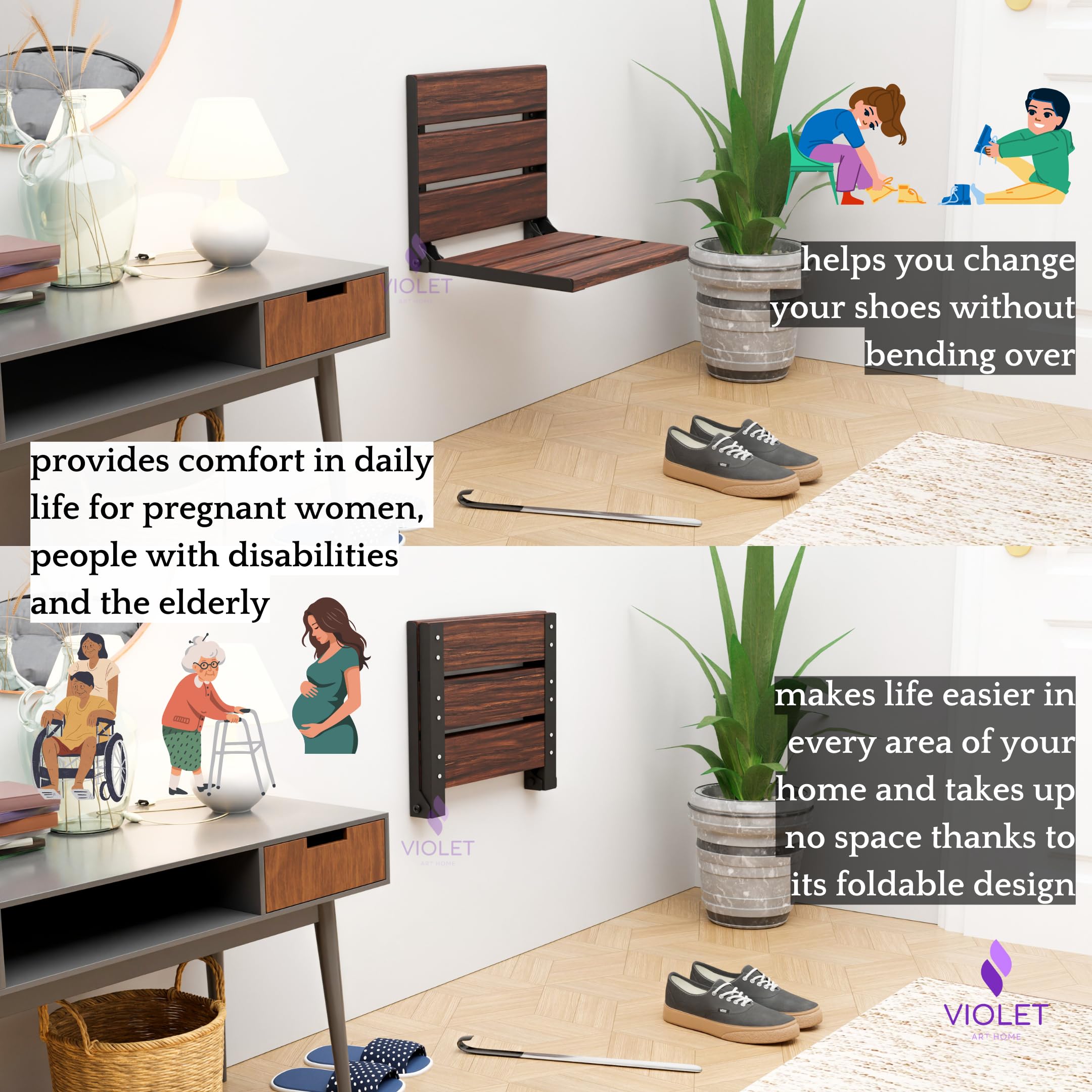 Sedile da doccia pieghevole in legno di teak, conforme ADA, durevole, sgabello da bagno salvaspazio, sedia compatta pieghevole e realizzata a mano (teak scuro naturale, grande)