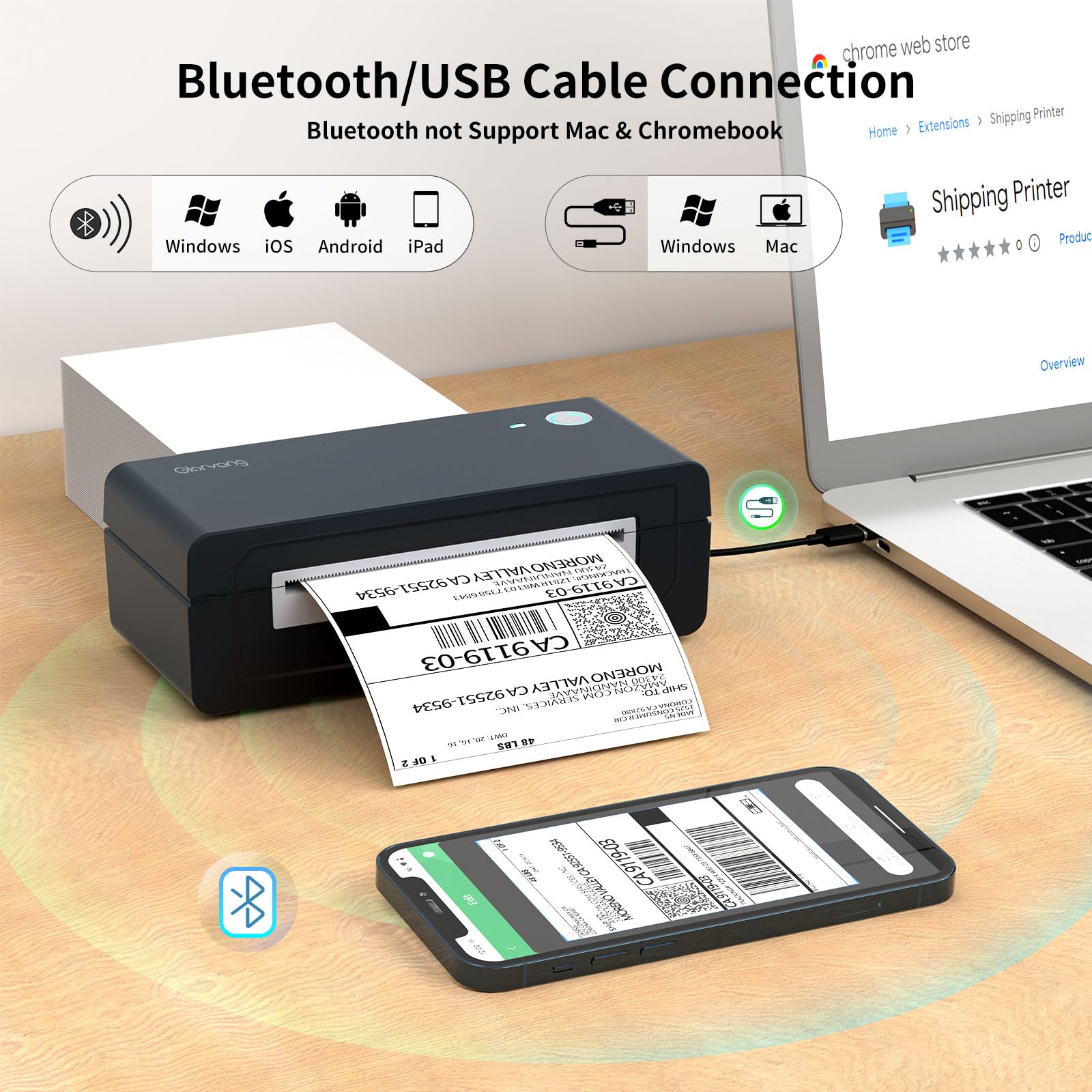 Gloryang Stampante termica Bluetooth per etichette di spedizione, stampante per etichette senza inchiostro 4X6 per iOS, Android, laptop, stampante wireless per piccole imprese, compatibile con Amazon,