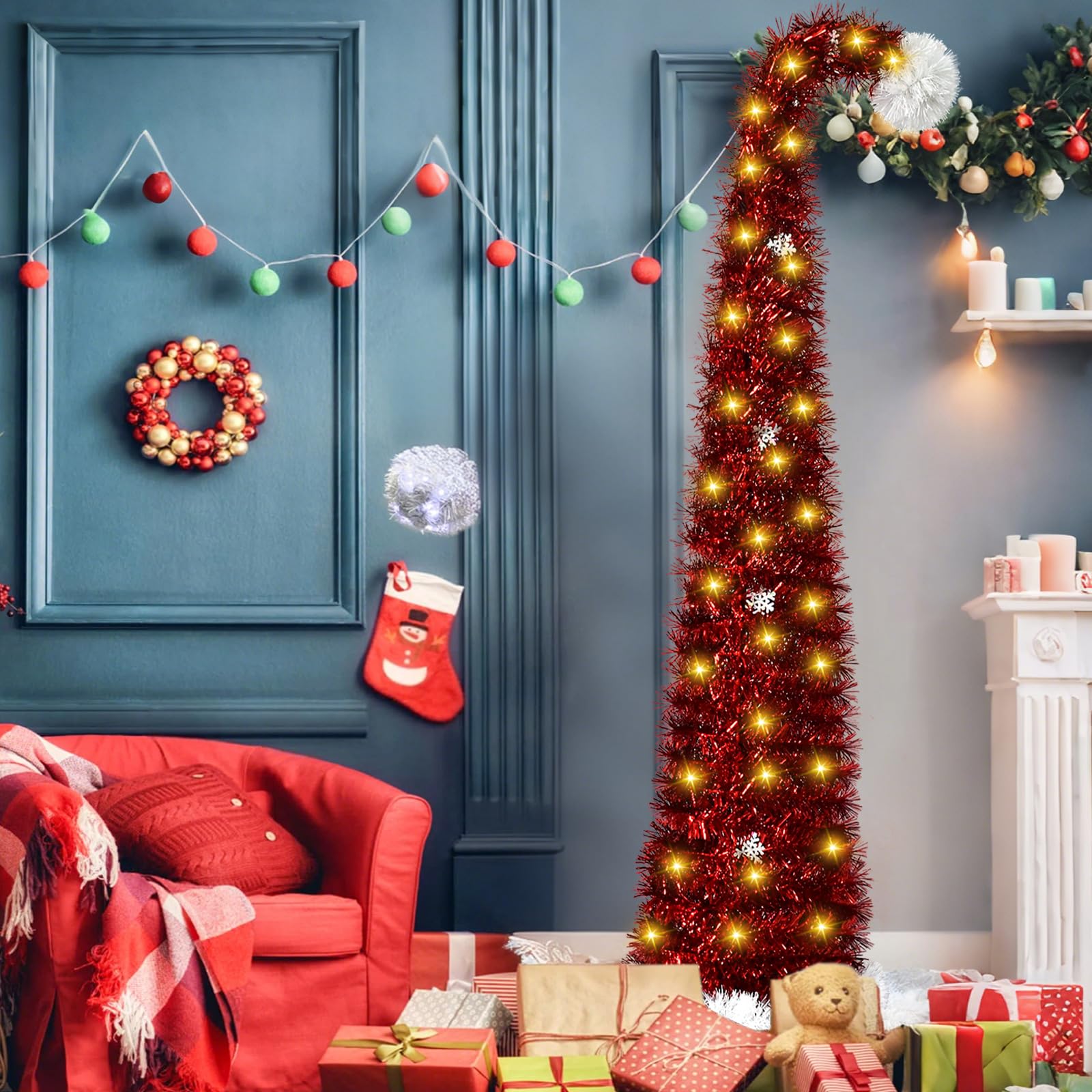 BigKing 150 cm Sapin de Noël Artificiel avec Support et Guirlande Lumineuse | Pliable Arbre de Noël artificiel - Décoration à paillettes - Parfait pour fête, salon ou bureau (bonnet de Père Noël rouge)