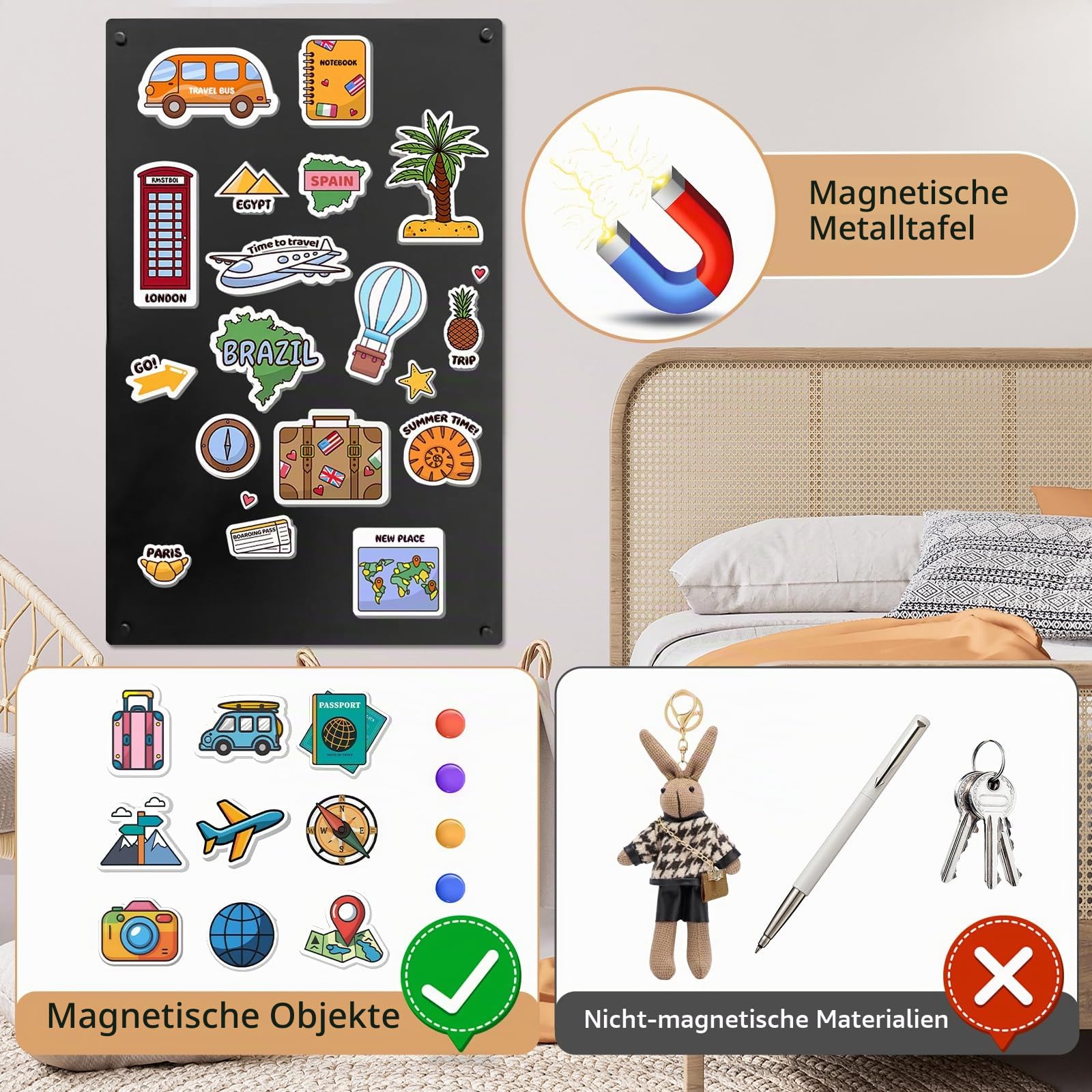 Magnettafel Schwarz 80x50cm, Metall Große Magnetwand, Pinnwand Magnetisch Magnetboard für Küche, Büro, Kinderzimmer zur Unterbringung von Touristenmagnete Notizen und Fotos (Neutral)