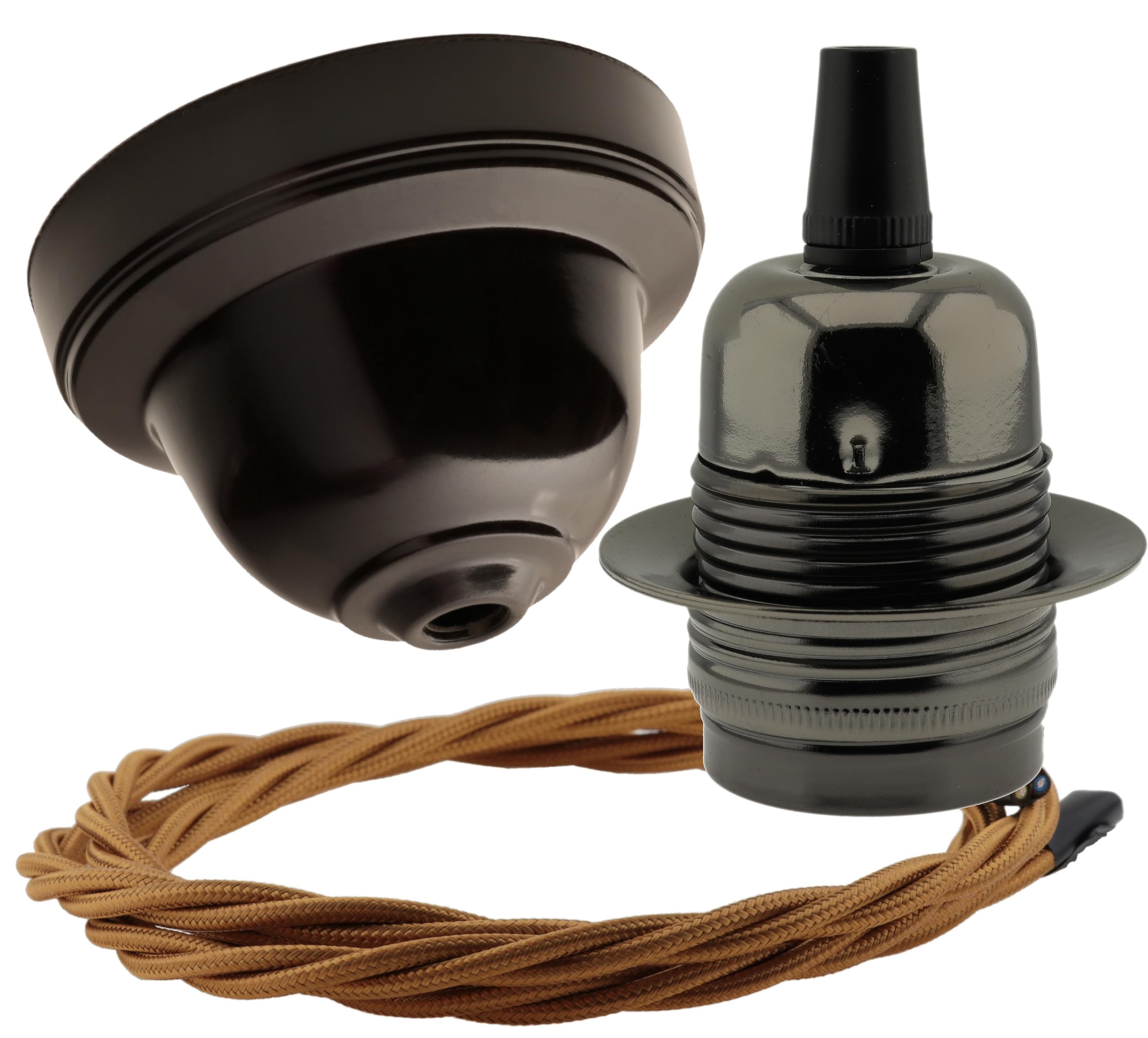 Repaireum Ltd. Vintage Styled Ceiling Pendant Kit incl. Black Bakelite Rose, Traditional E27 Lampholder in Antique Bras and 3 Core Antique Gold Braided Twisted Flex