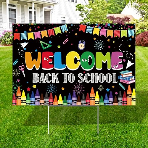 Decoraciones de regreso a clases, letreros de patio al aire libre con estacas de metal, libros de banderines de crayón de bienvenida a la escuela,