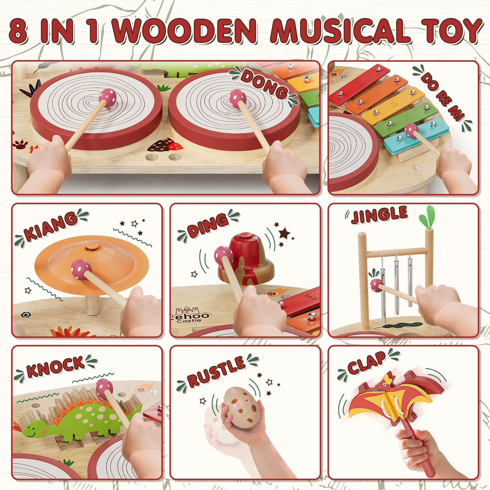 Lehoo Castle 9 in 1 Giochi Legno Montessori Strumenti Musicali, 9 in 1 Bambini Tamburi Set con Xilofono Batteria, Gioco 2 3 4 Anni, Educativi Interattivo Regalo