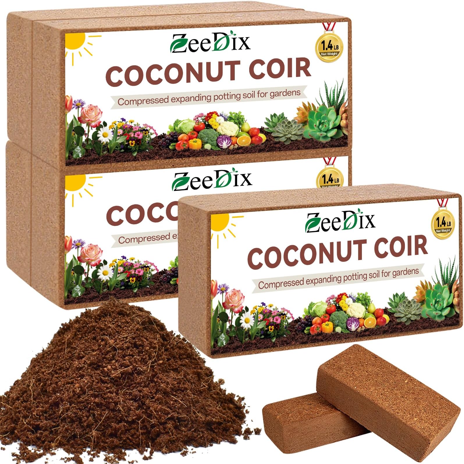 ZeeDix 5 Pack Premium Coco Coir Brick, Organic Compressed Coconut Coir Bricks Seed Starter Potting Soil for Plants, Coconut Fiber Substrate with Low EC & pH Balance for Gardening Flower Herbs
