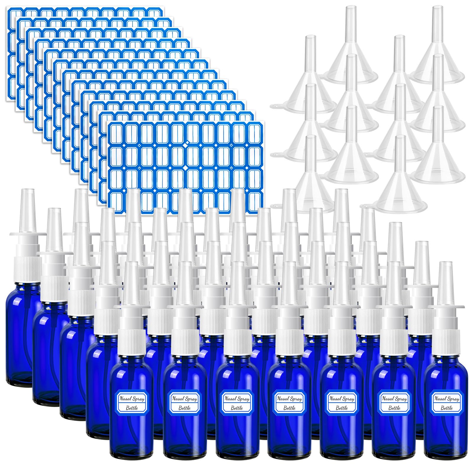ZHWKMYP 60 Pcs Nasal Spray Bottle Empty, Blue Glass Refillable Fine Mist Nasal Spray Bottles with 12 Funnels and 12 Labels (30ML/1oz)