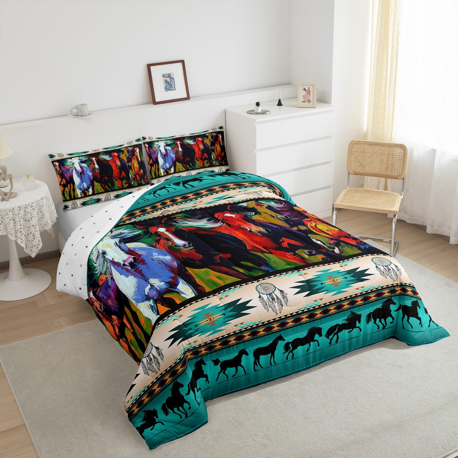 Horse Dreamcatcher Duvet Insert Comforter Set - Aztec Tribal Print For Boys Teens (Queen Size)