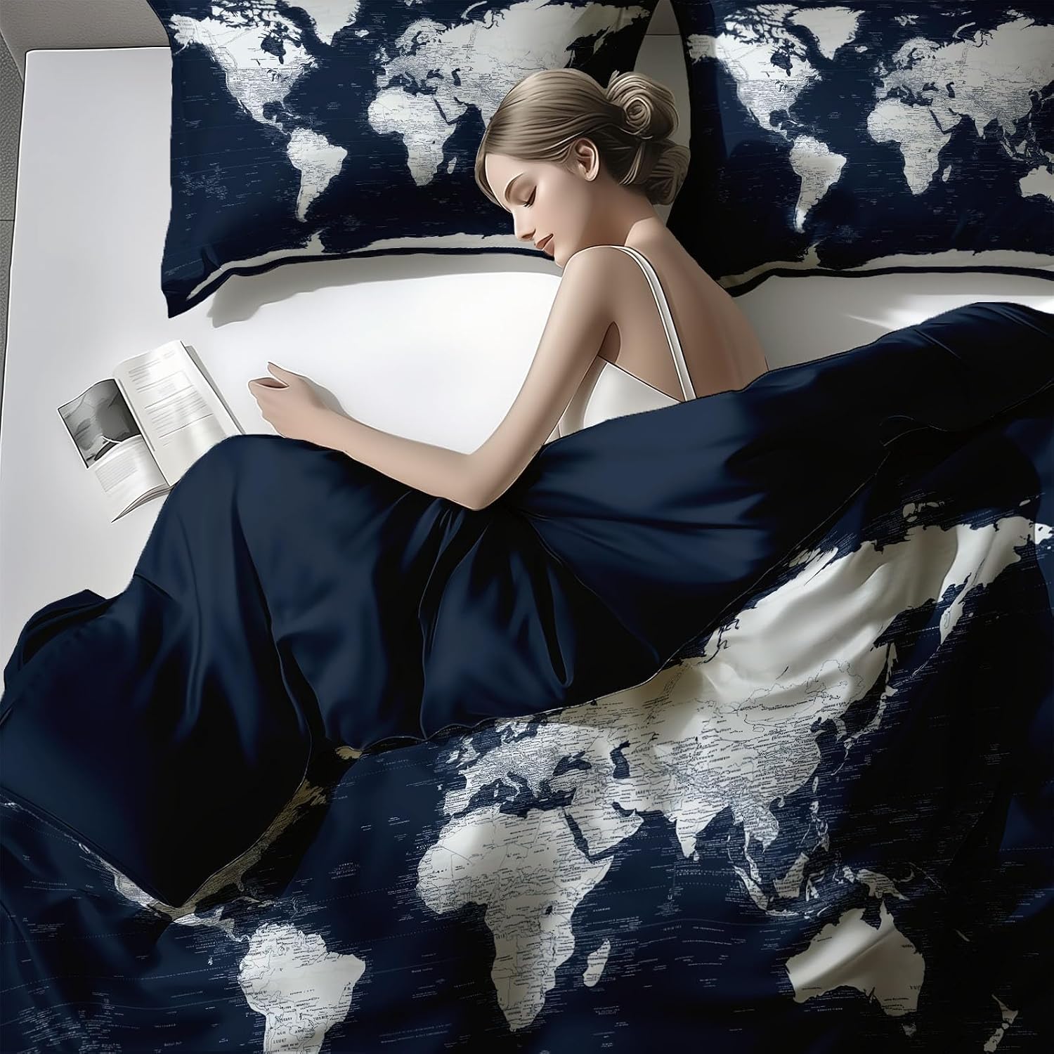Duvet Cover 2 Pcs Set Retro World Maps Pattern Duvet Covers for Kids Boys Girls Twin Decorative Breathable Bed Cover Dark Blue Reversible Bedding Set