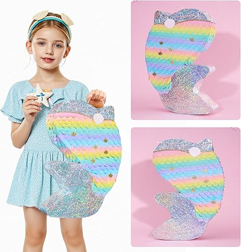 Miniatura 258 de WERNNSAI - Piñata de sirena plegable, piñata de cumpleaños con flecos que incluye cuerda para jalar, venda y bate. Decoraciones