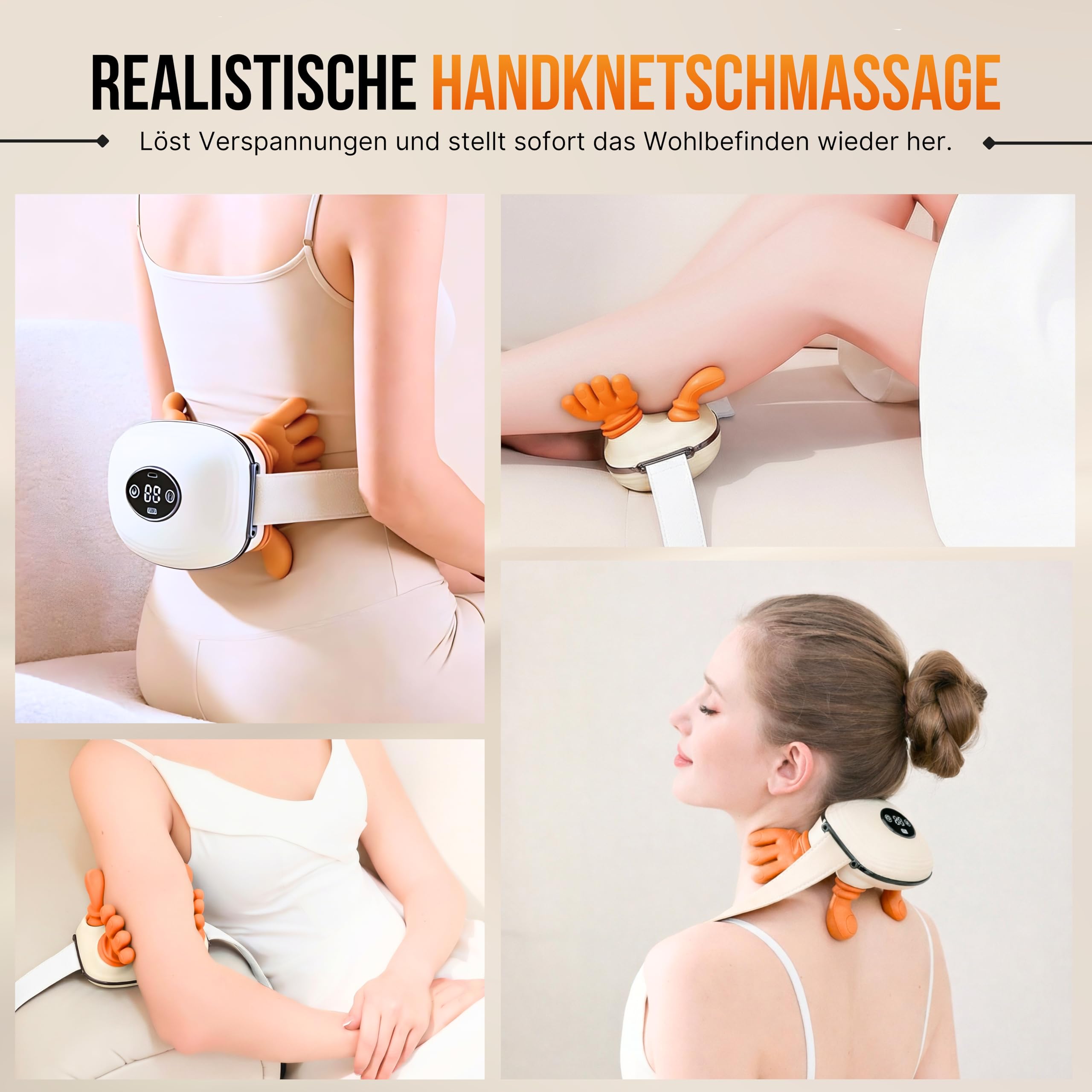 BeFit24 Nackenmassagegerät mit Wärmefunktion – Kabelloser Schulter- & Nackenmassager mit 4D Tiefenmassage, LED-Display, Wiederaufladbares Massagegerät gegen Nackenverspannungen und Muskelschmerzen