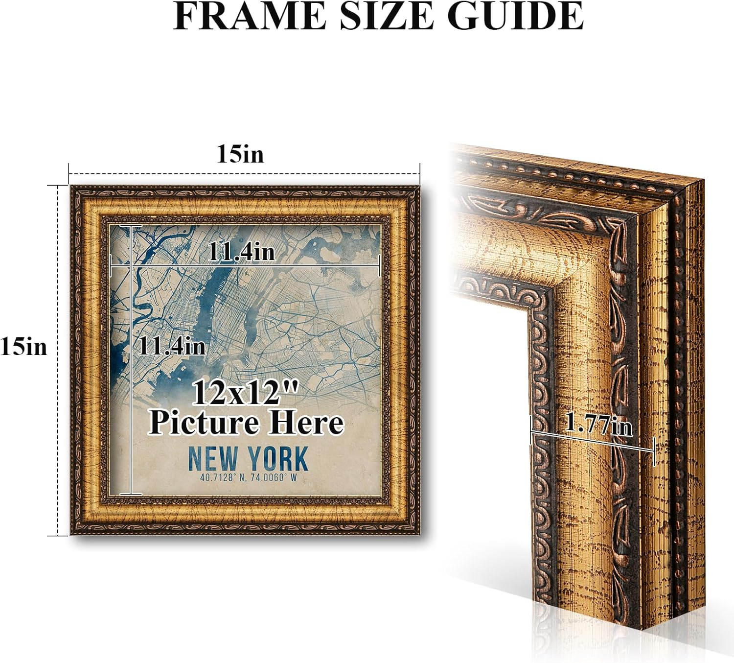 12x12 Classic Gold Picture Frame - Single Frame, 12 x 12 Ornate Vintage Poster Frame for Wall Decor & Gallery Walls