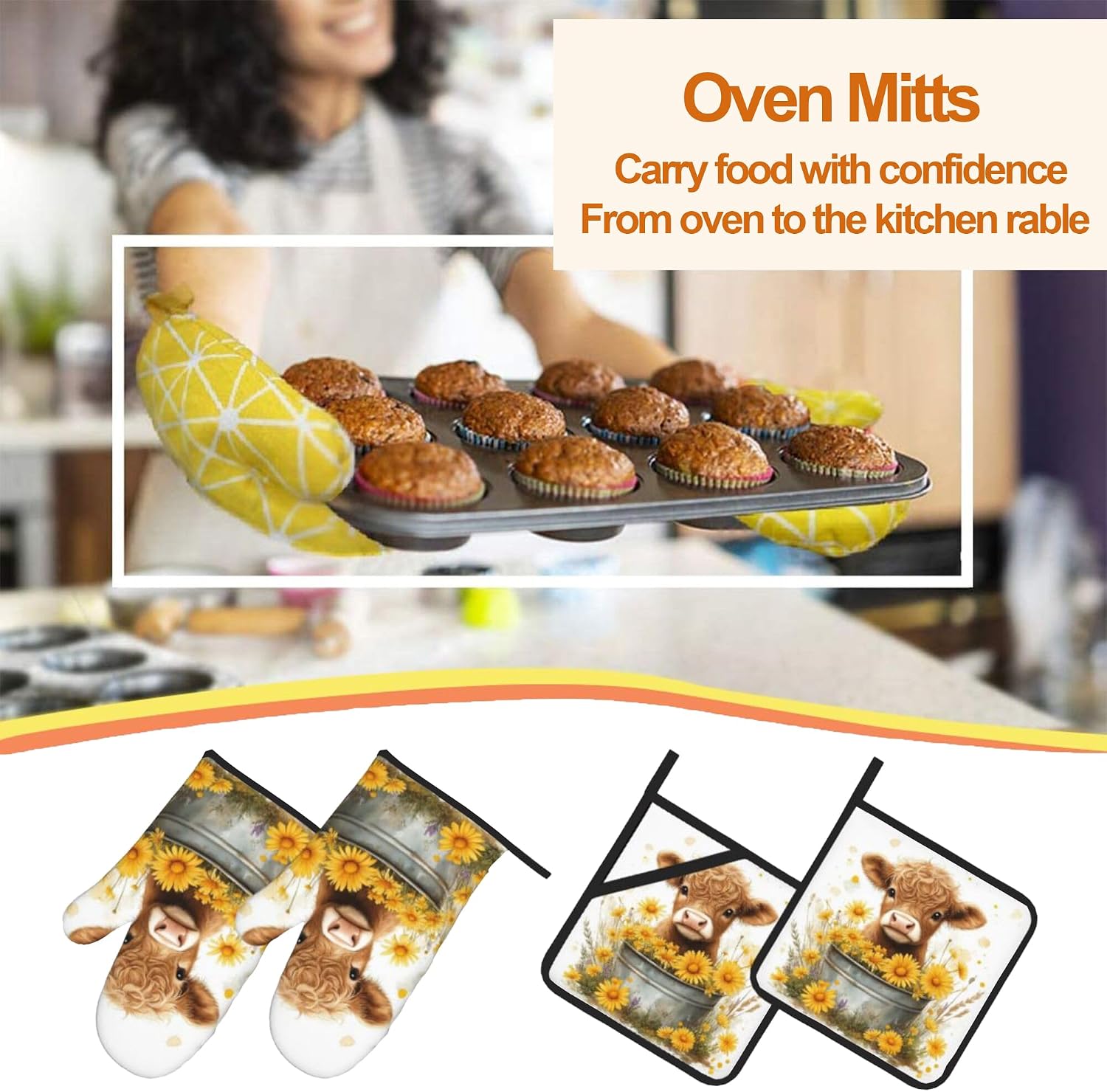 Highland Cow Flower Oven Mitts with Matching Potholders - Heat Resistant Kitchen Accessories for Baking, Grilling, Cooking, Gifts for Women
