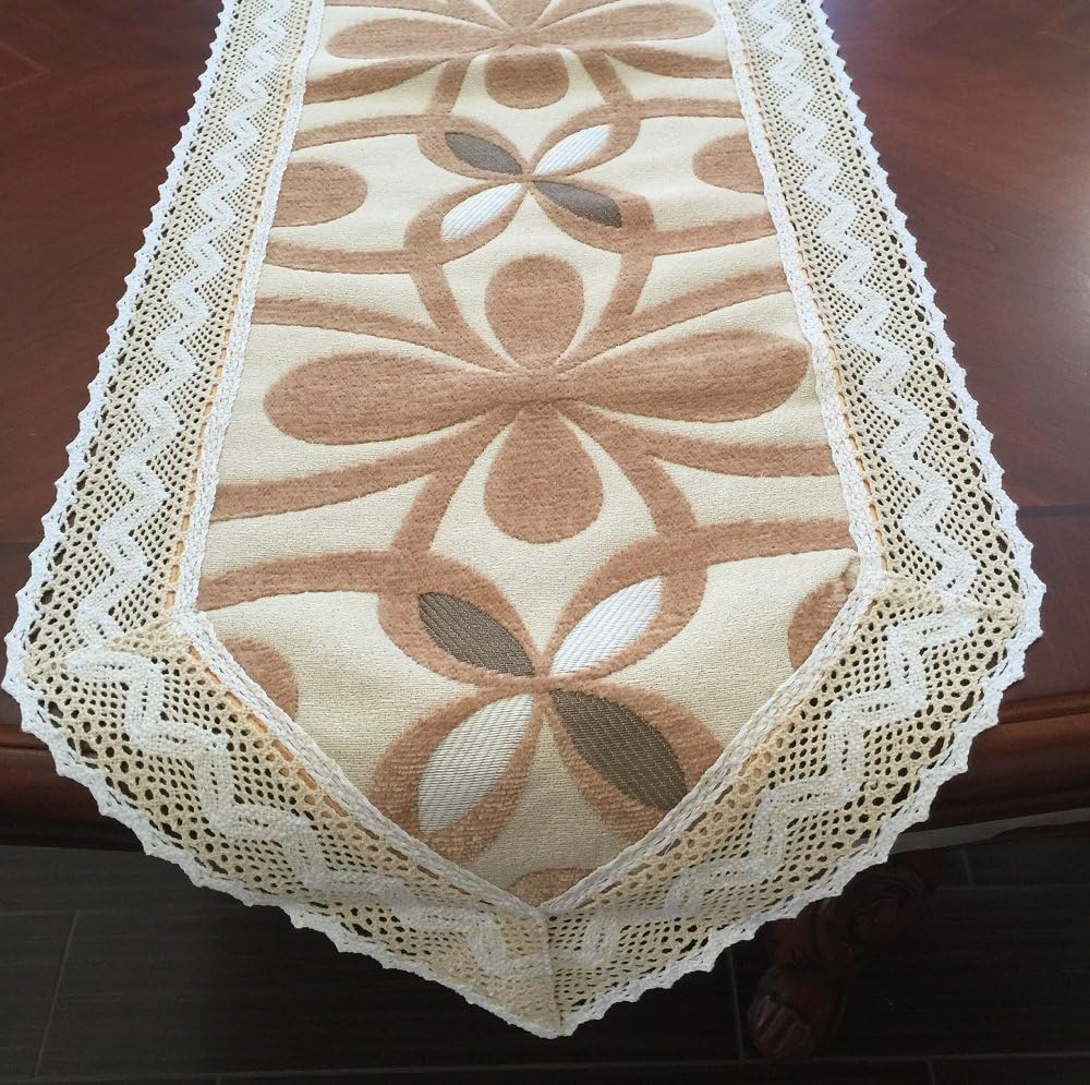 Chenille with Cotton Lace Table Runner (AquaBlue, 15x72)