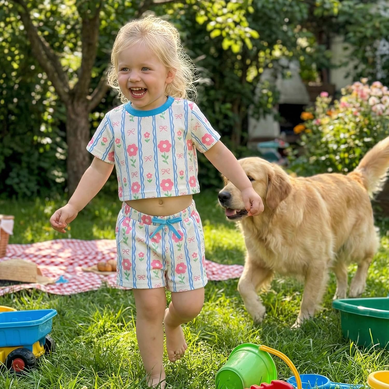 GOOCHEER Toddler Baby Girl Summer Outfit Daisy Floral Print Waffle Short Sleeve T-Shirt Tops Shorts Infant 2Pcs Clothes Set - Image 2