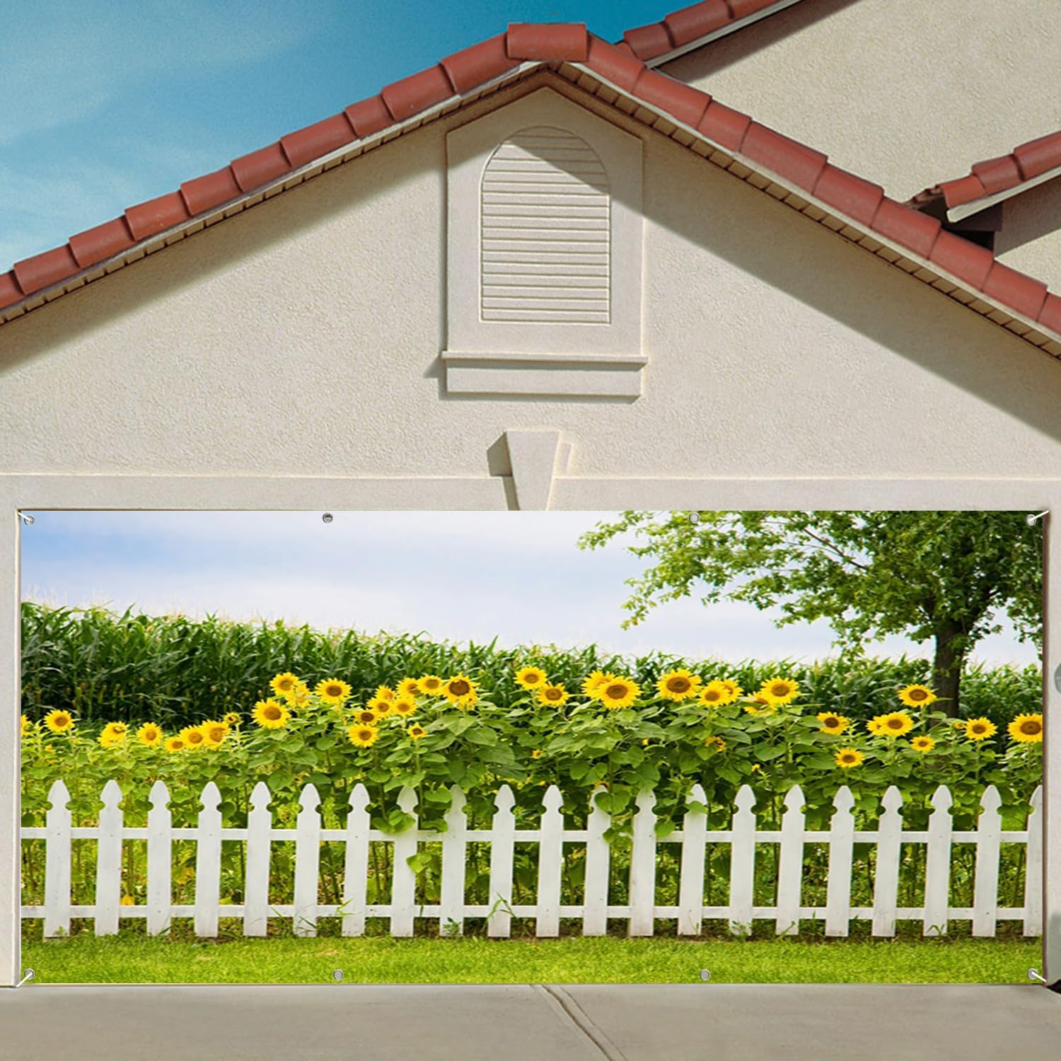 7x8ft Spring Countryside Fields Garage Door Decor Beautiful Sunflower Green Lawn Fence Natural Garden Landscape Garage Door Backdrop Outdoor Picnic Personal Portraits Photo Props