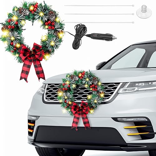 Riceshoot Corona LED de Navidad de 12 V con bayas de lazo rojo de 11 pulgadas, corona de coche iluminada artificial para parrilla delantera de