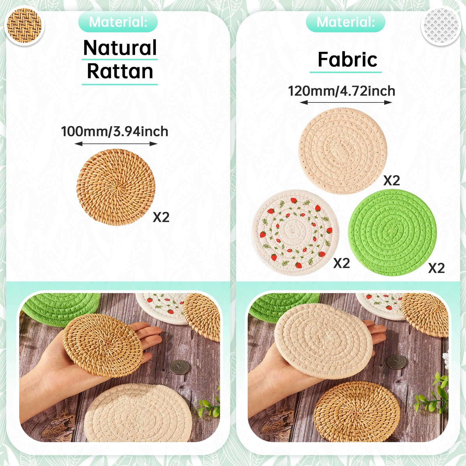 Handmade Woven Rattan Drink Coasters 8pcs Boho Cotton Coasters Farmhouse Non-Slip Absorbent Set Heat-Resistant Drink Coasters for Coffee Table Housewarming Gifts Home Decor Protecting Table - Image 3
