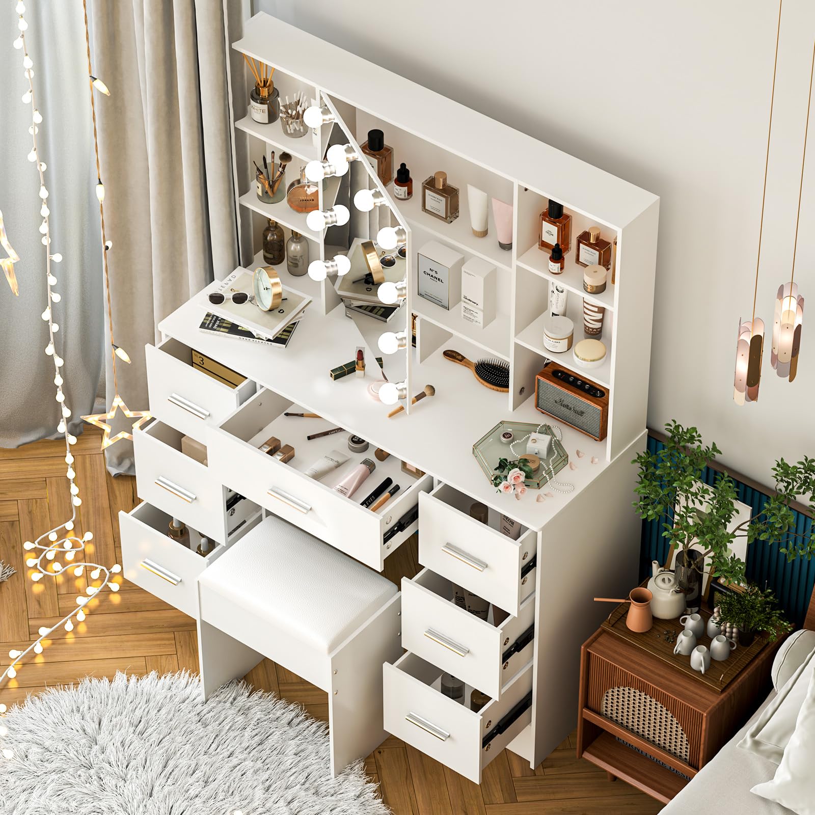 Toaletka z lustrem, toaletka z oświetleniem LED, biurko Vanity do makijażu, 3 kolory z regulacją jasności – 52